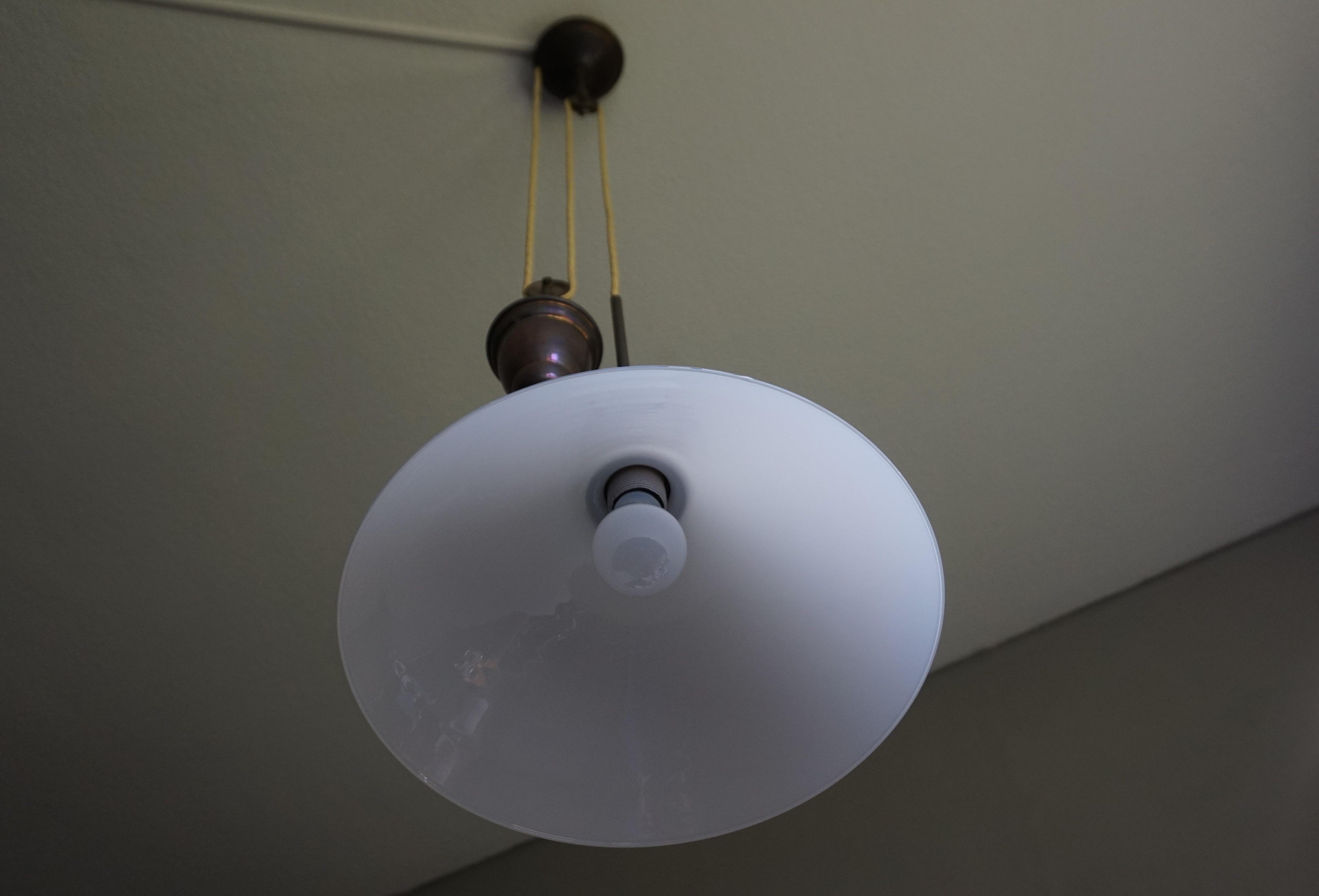 Rare and Handcrafted Mid-Century Modern Opaline and Brass Pendant, Ceiling Light 7