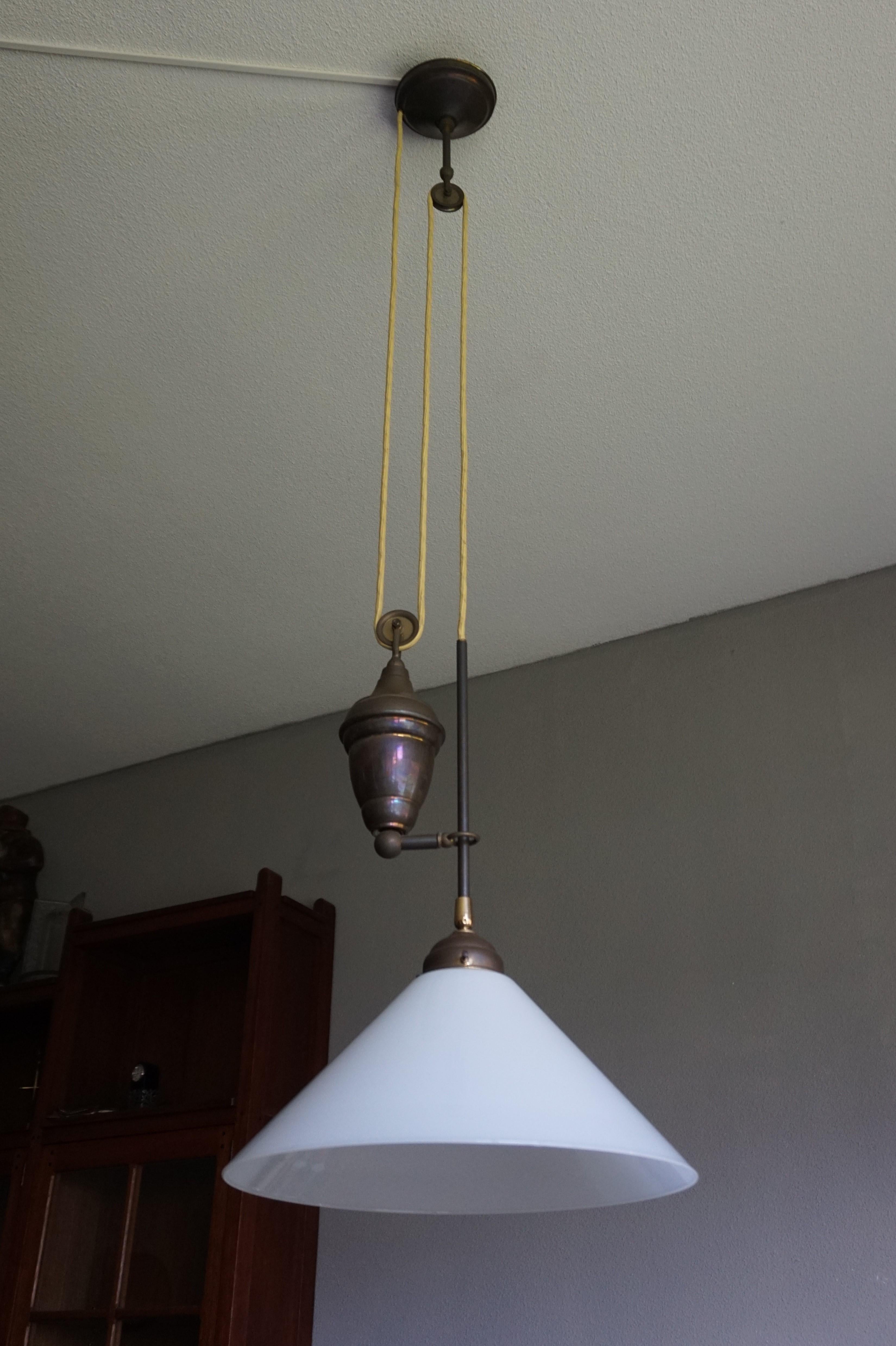 Rare and Handcrafted Mid-Century Modern Opaline and Brass Pendant, Ceiling Light 8