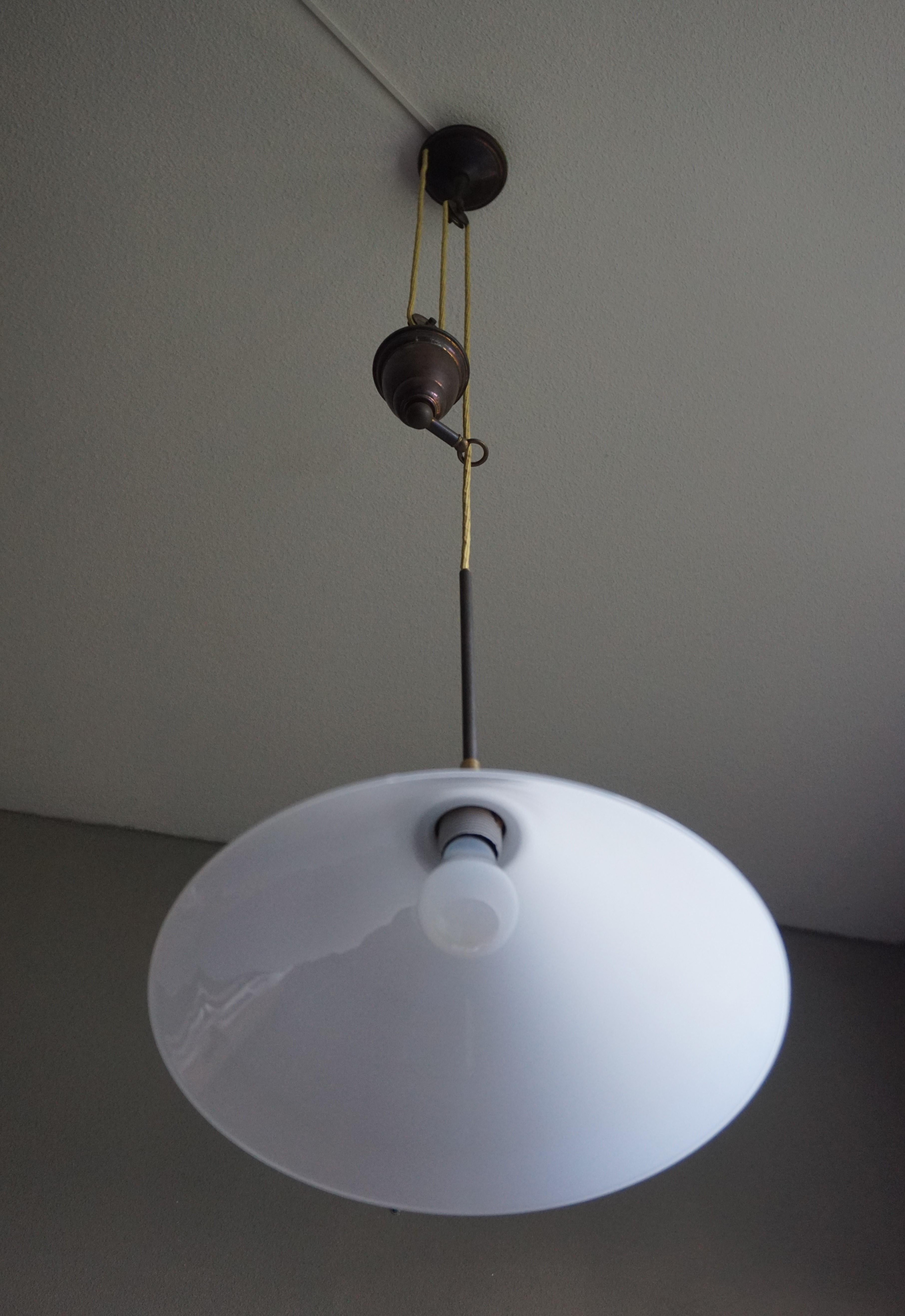 Rare and Handcrafted Mid-Century Modern Opaline and Brass Pendant, Ceiling Light 11