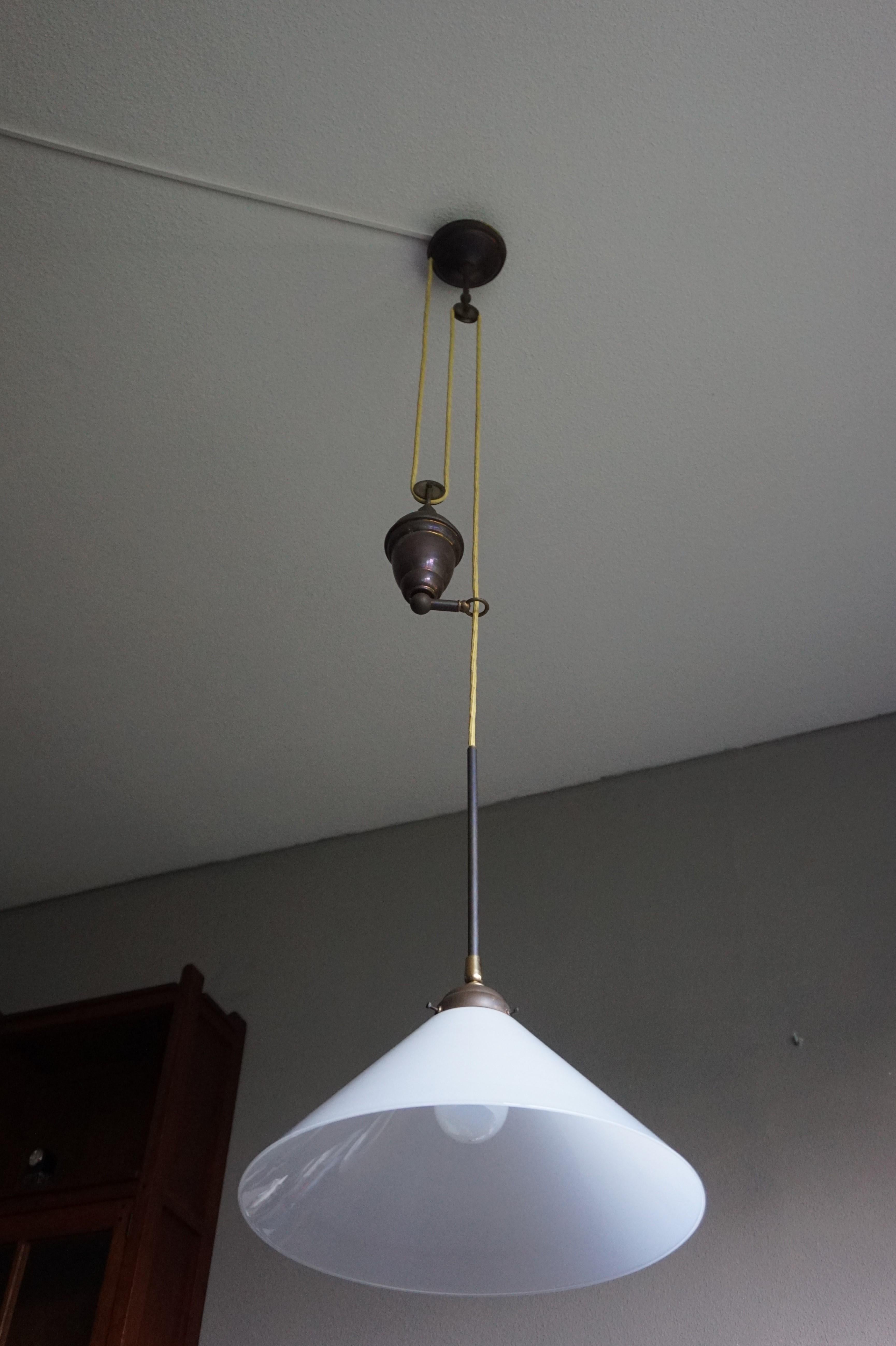 Rare and Handcrafted Mid-Century Modern Opaline and Brass Pendant, Ceiling Light 12