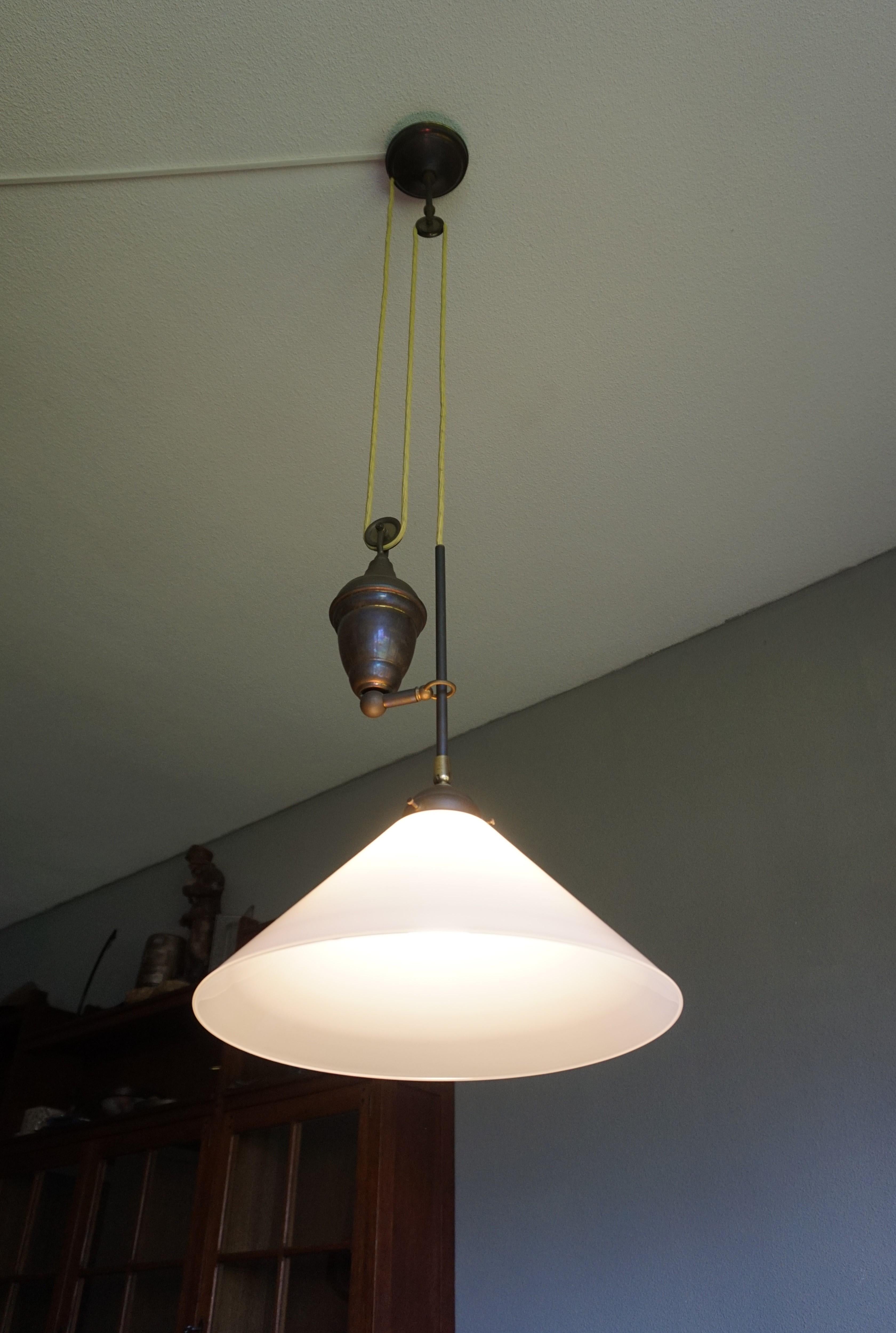 Rare and Handcrafted Mid-Century Modern Opaline and Brass Pendant, Ceiling Light 13