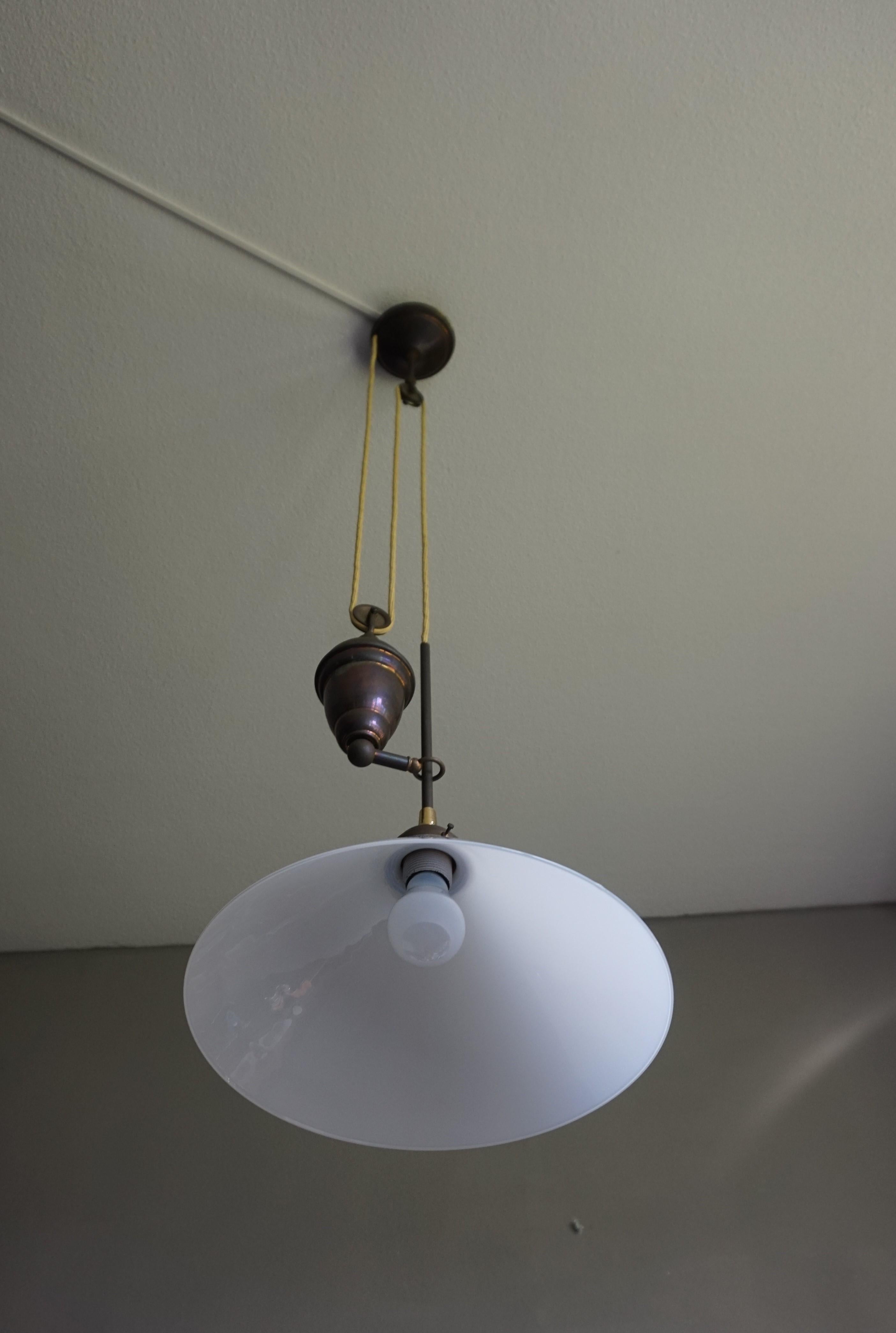 Rare and Handcrafted Mid-Century Modern Opaline and Brass Pendant, Ceiling Light 14