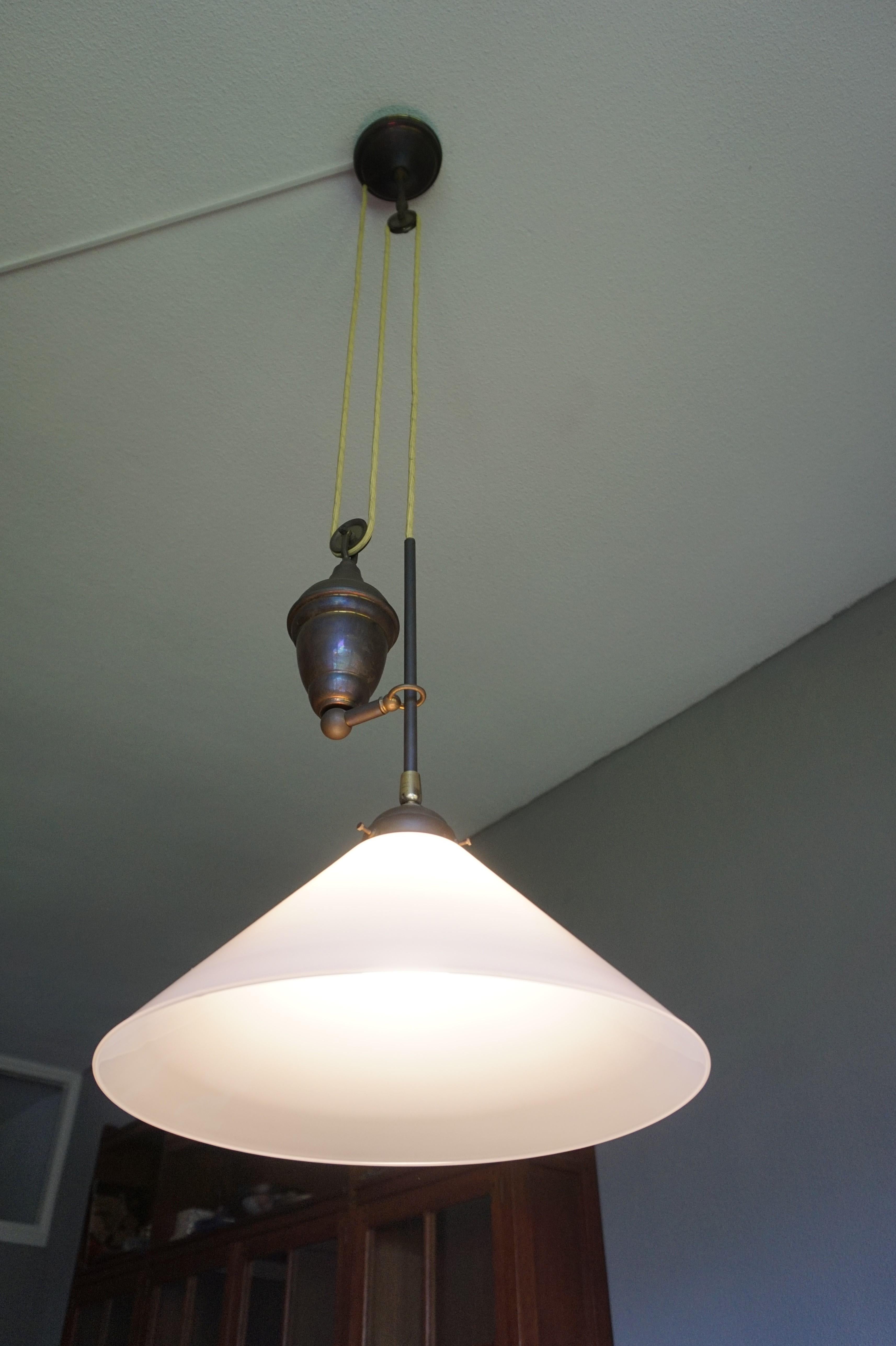 European Rare and Handcrafted Mid-Century Modern Opaline and Brass Pendant, Ceiling Light