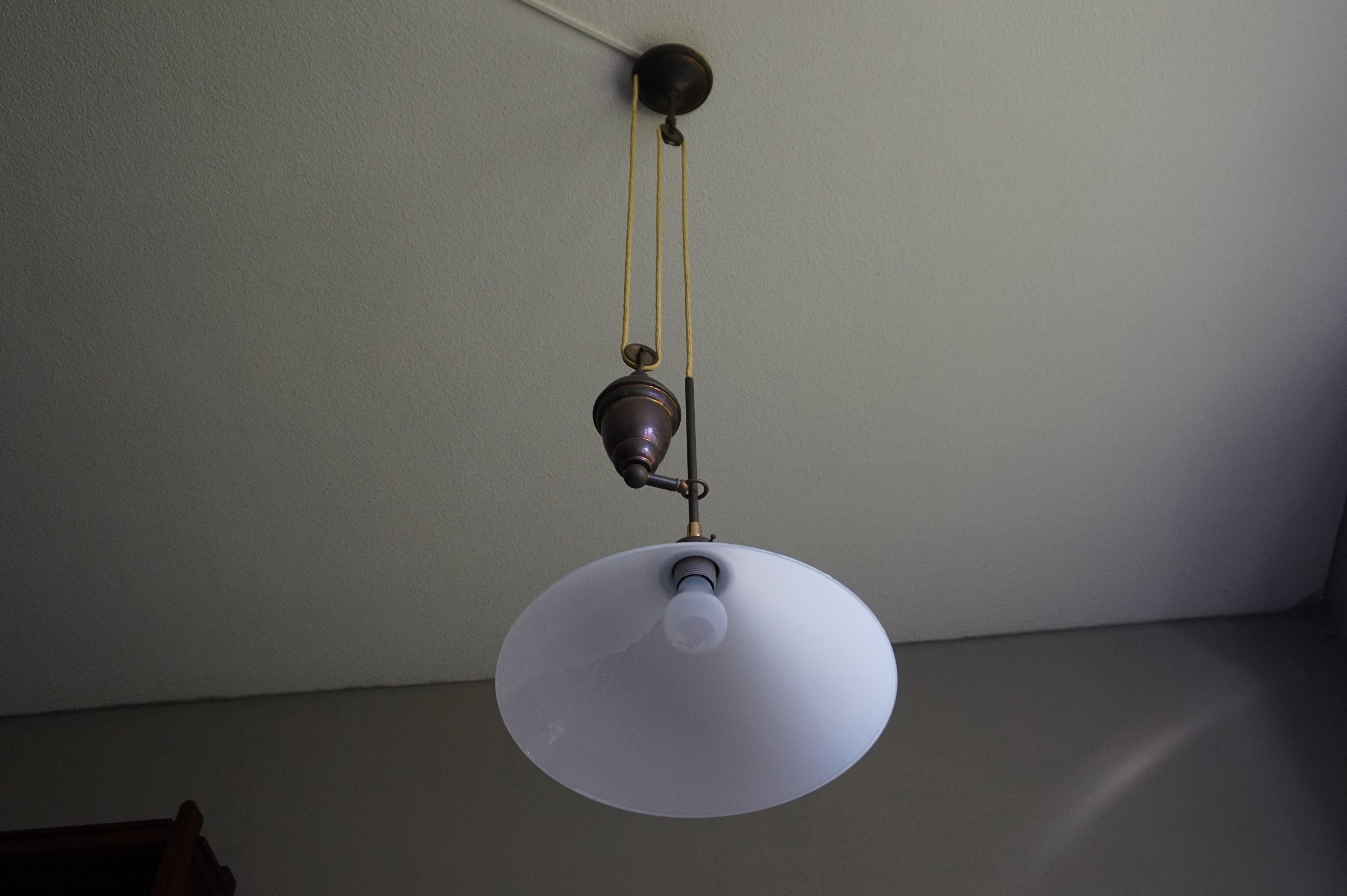 Hand-Crafted Rare and Handcrafted Mid-Century Modern Opaline and Brass Pendant, Ceiling Light