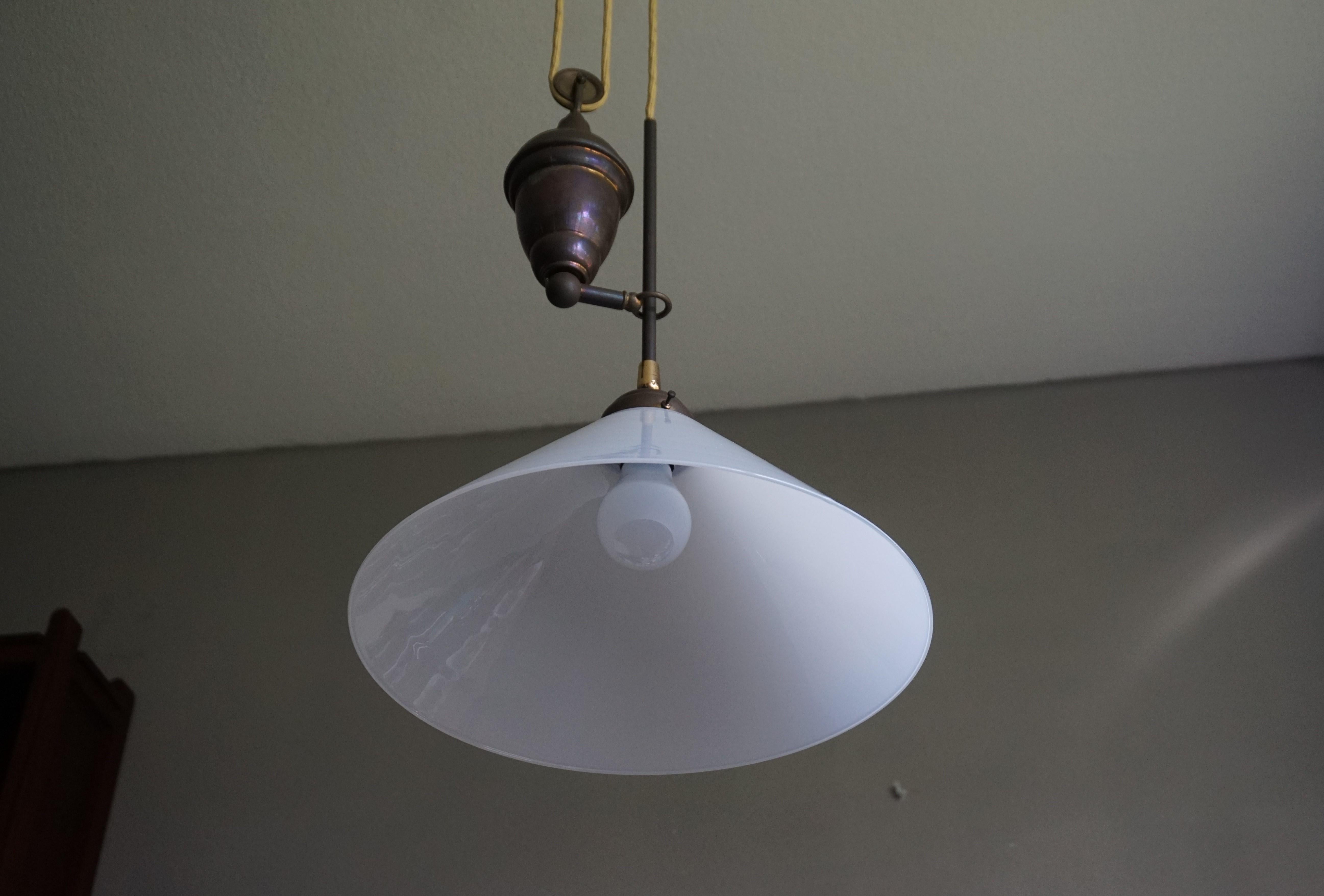 Rare and Handcrafted Mid-Century Modern Opaline and Brass Pendant, Ceiling Light 2