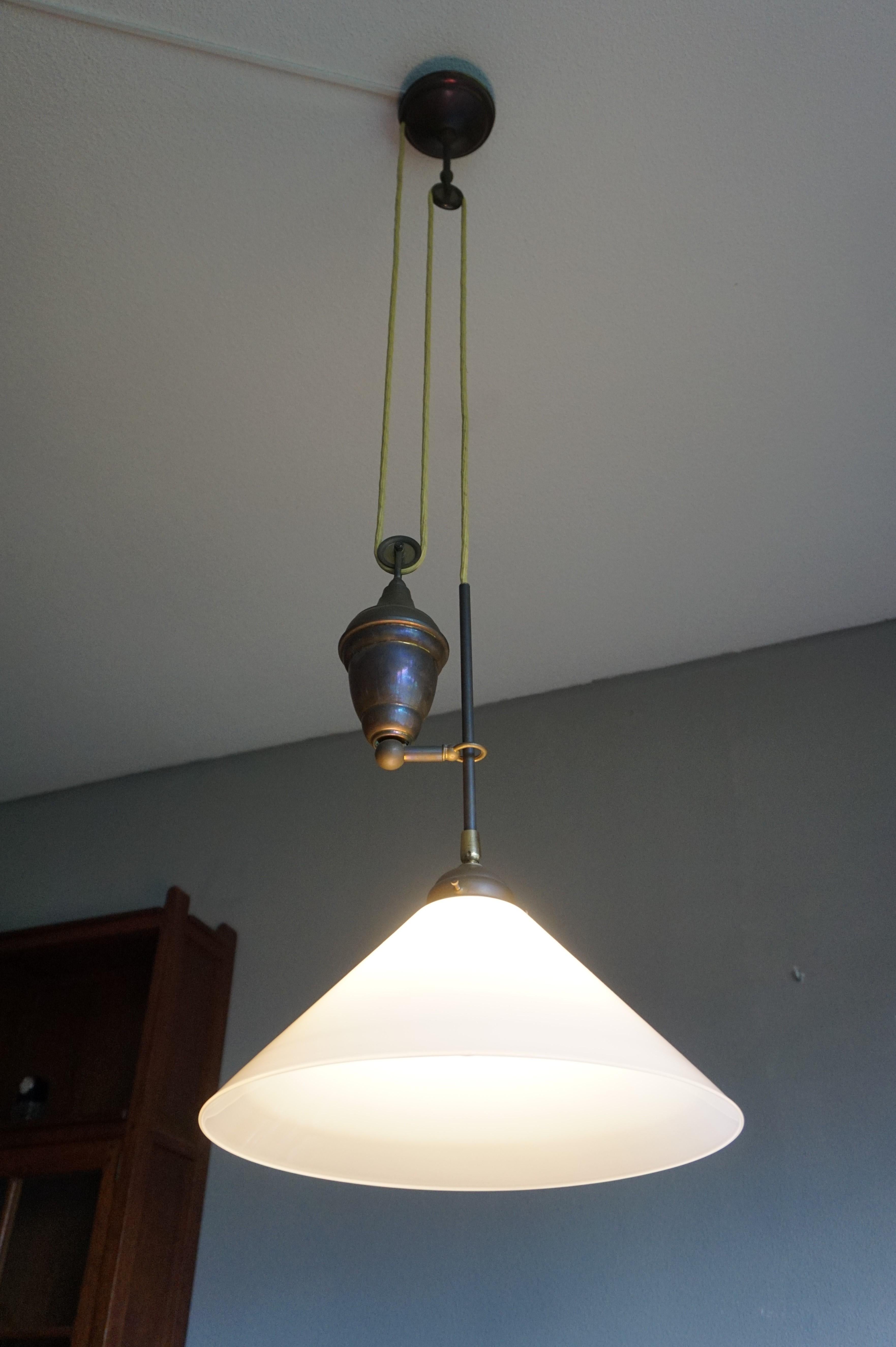 Rare and Handcrafted Mid-Century Modern Opaline and Brass Pendant, Ceiling Light 3