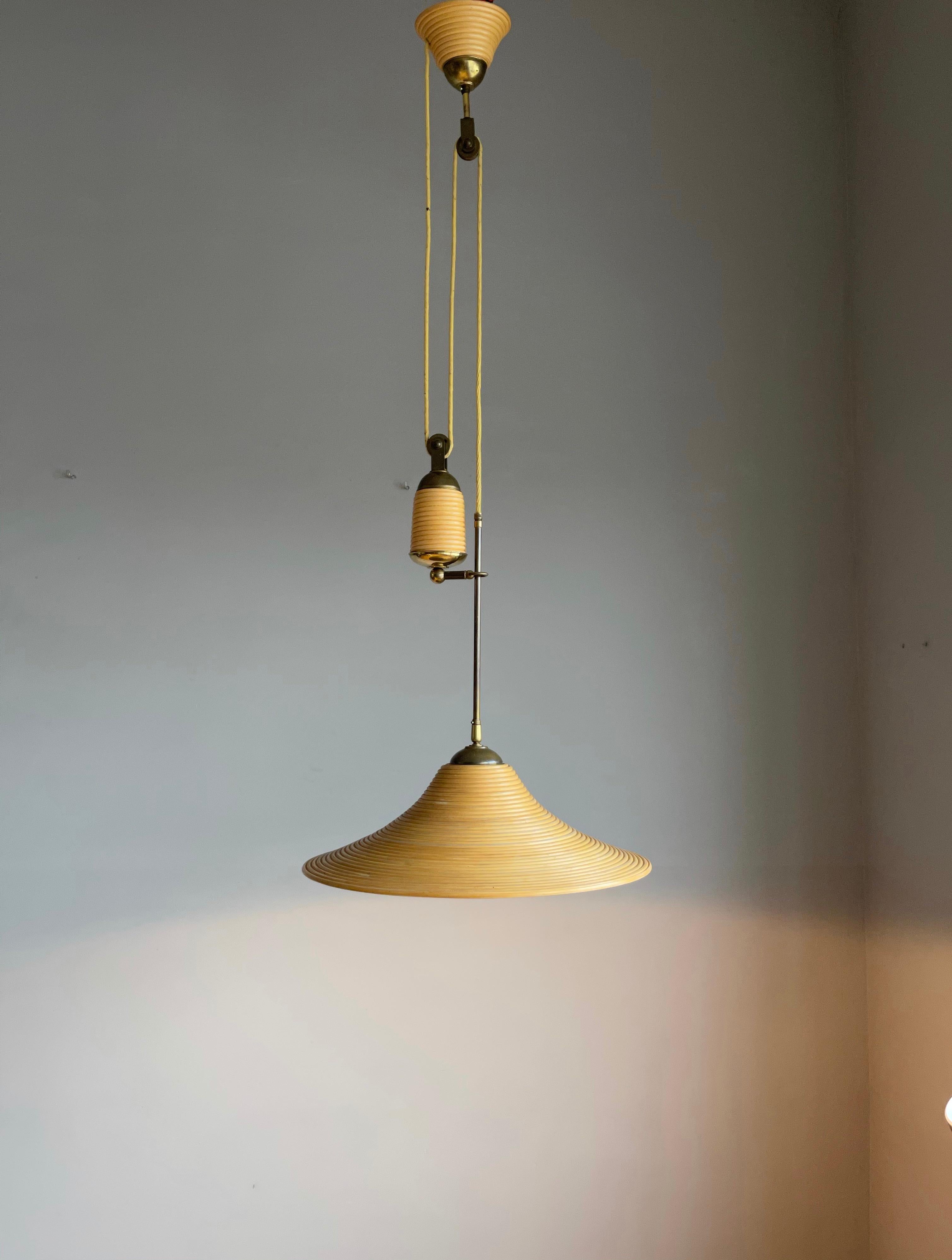 Rare Handcrafted Mid-Century Modern Rattan & Brass Pendant Light / Ceiling Lamp 3