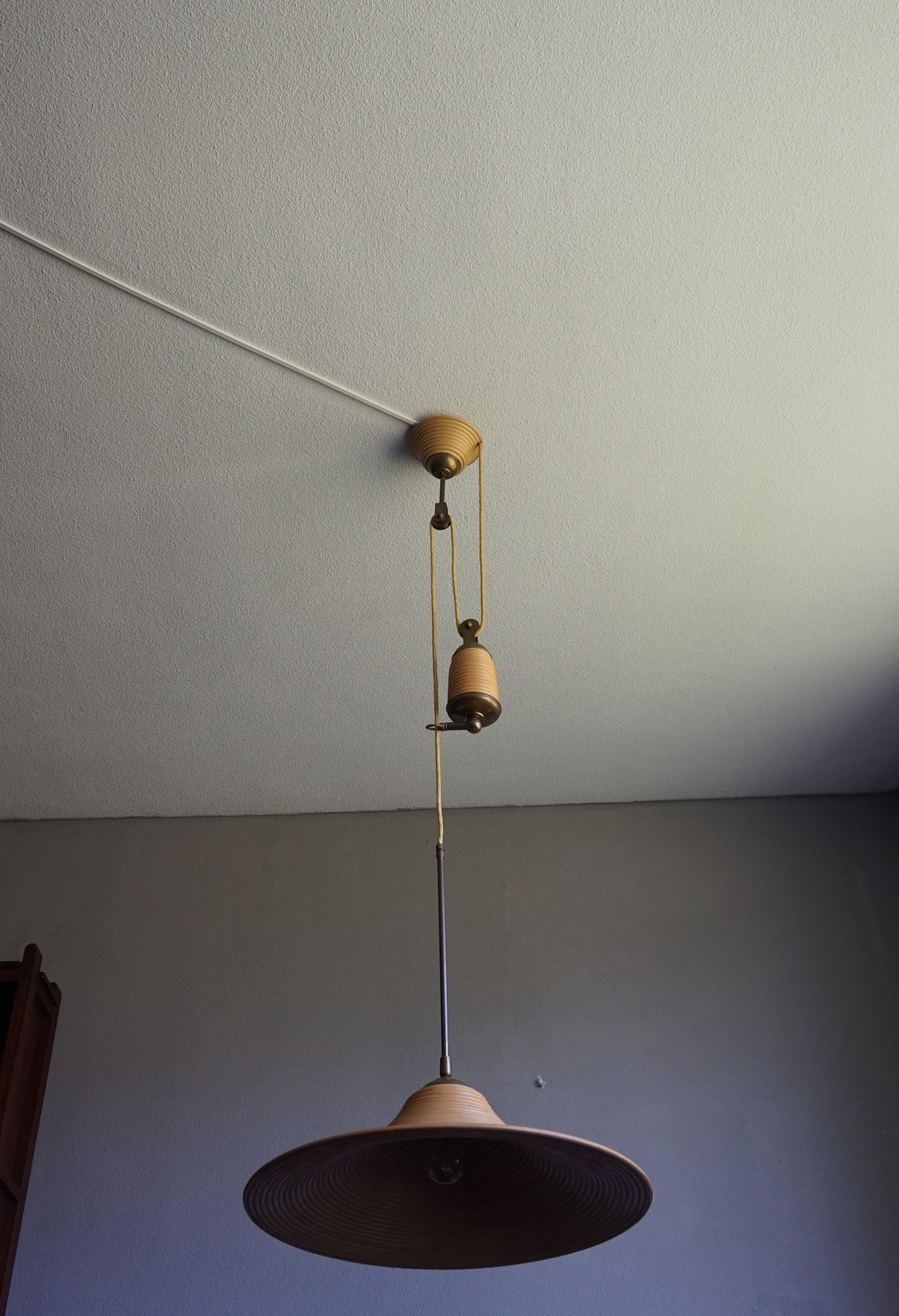 Rare & Handcrafted Midcentury Modern Rattan & Brass Pendant Light / Ceiling Lamp 4