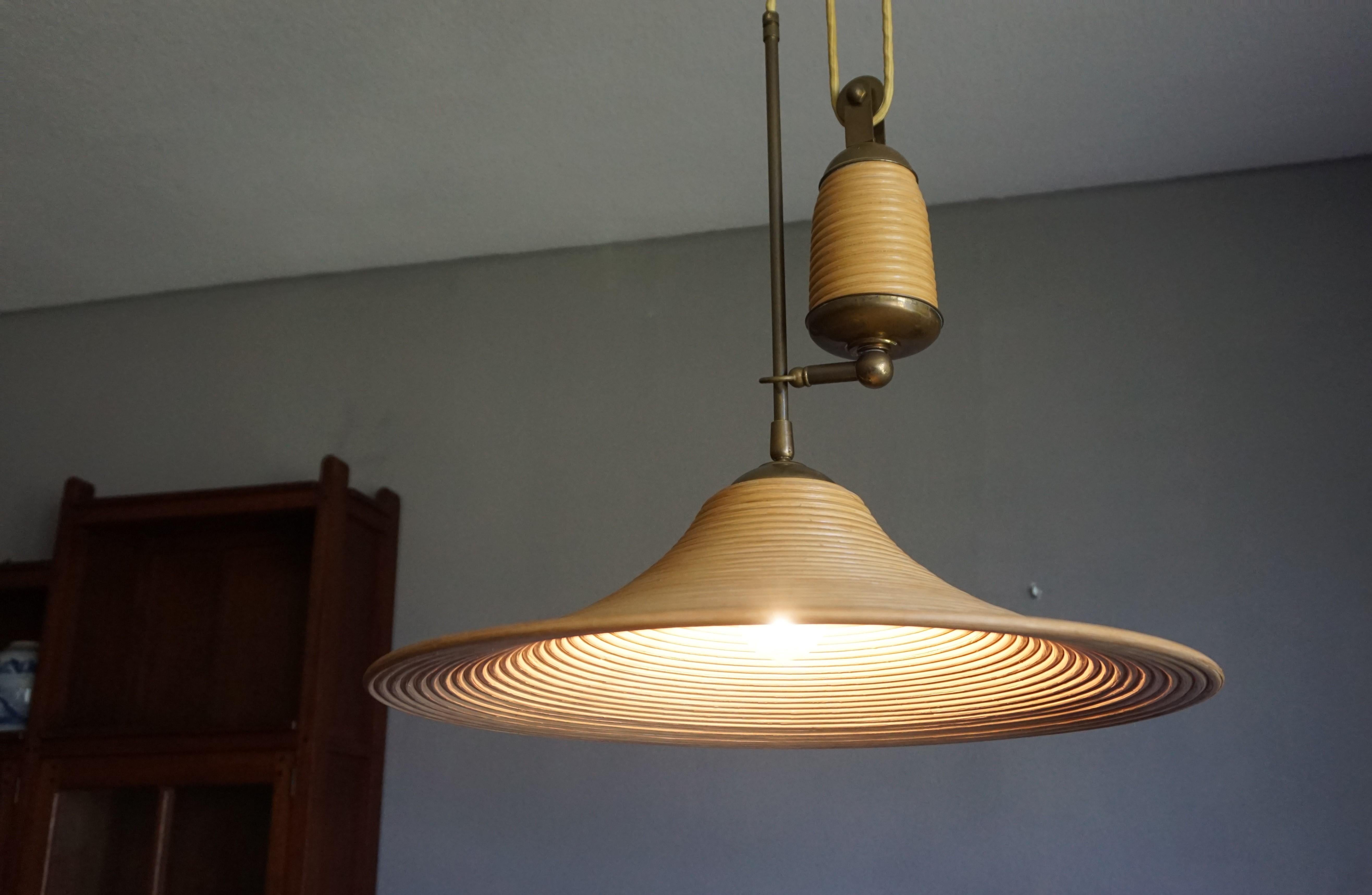 Rare & Handcrafted Midcentury Modern Rattan & Brass Pendant Light / Ceiling Lamp 5