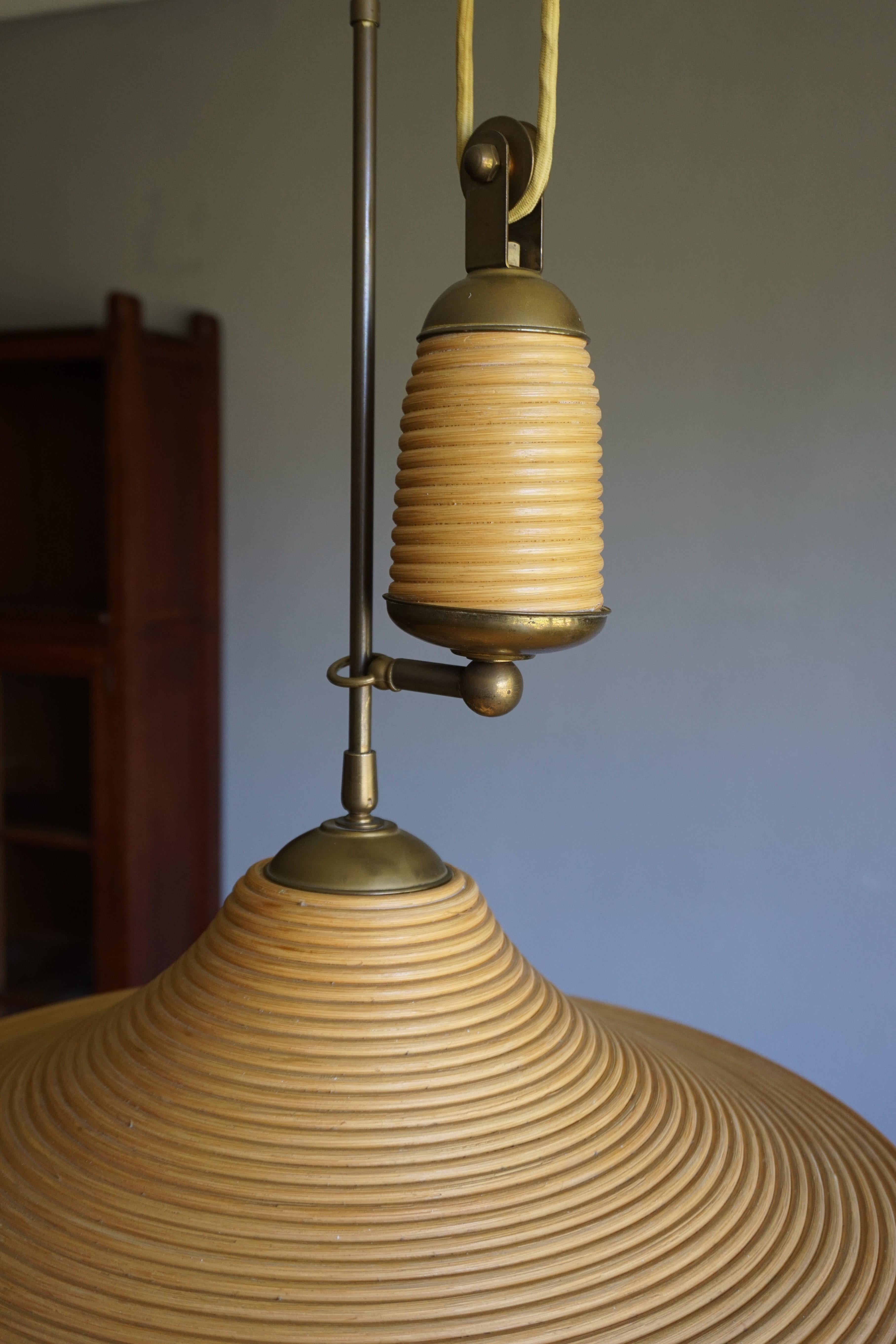 Rare & Handcrafted Midcentury Modern Rattan & Brass Pendant Light / Ceiling Lamp 6