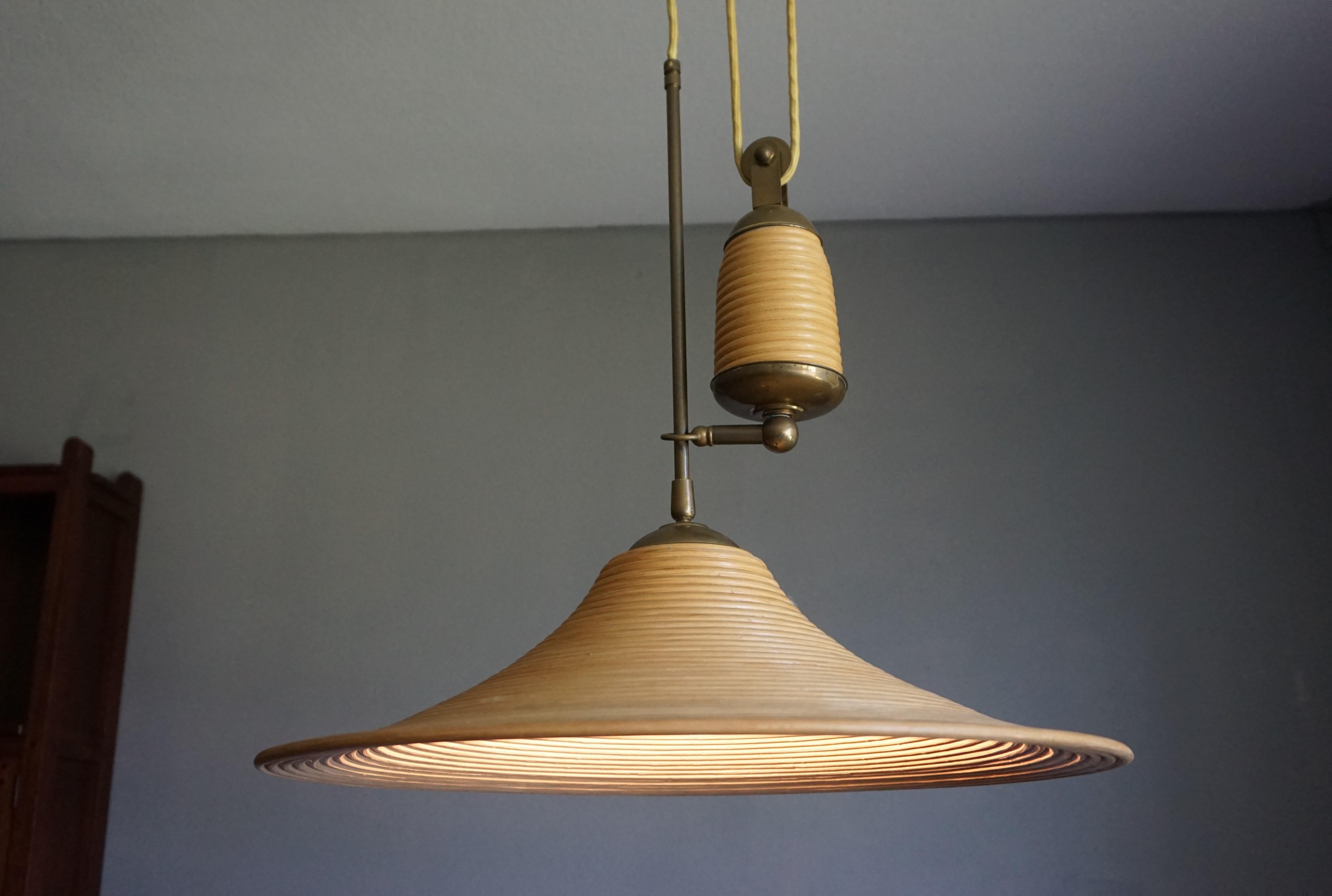 Rare & Handcrafted Midcentury Modern Rattan & Brass Pendant Light / Ceiling Lamp 9