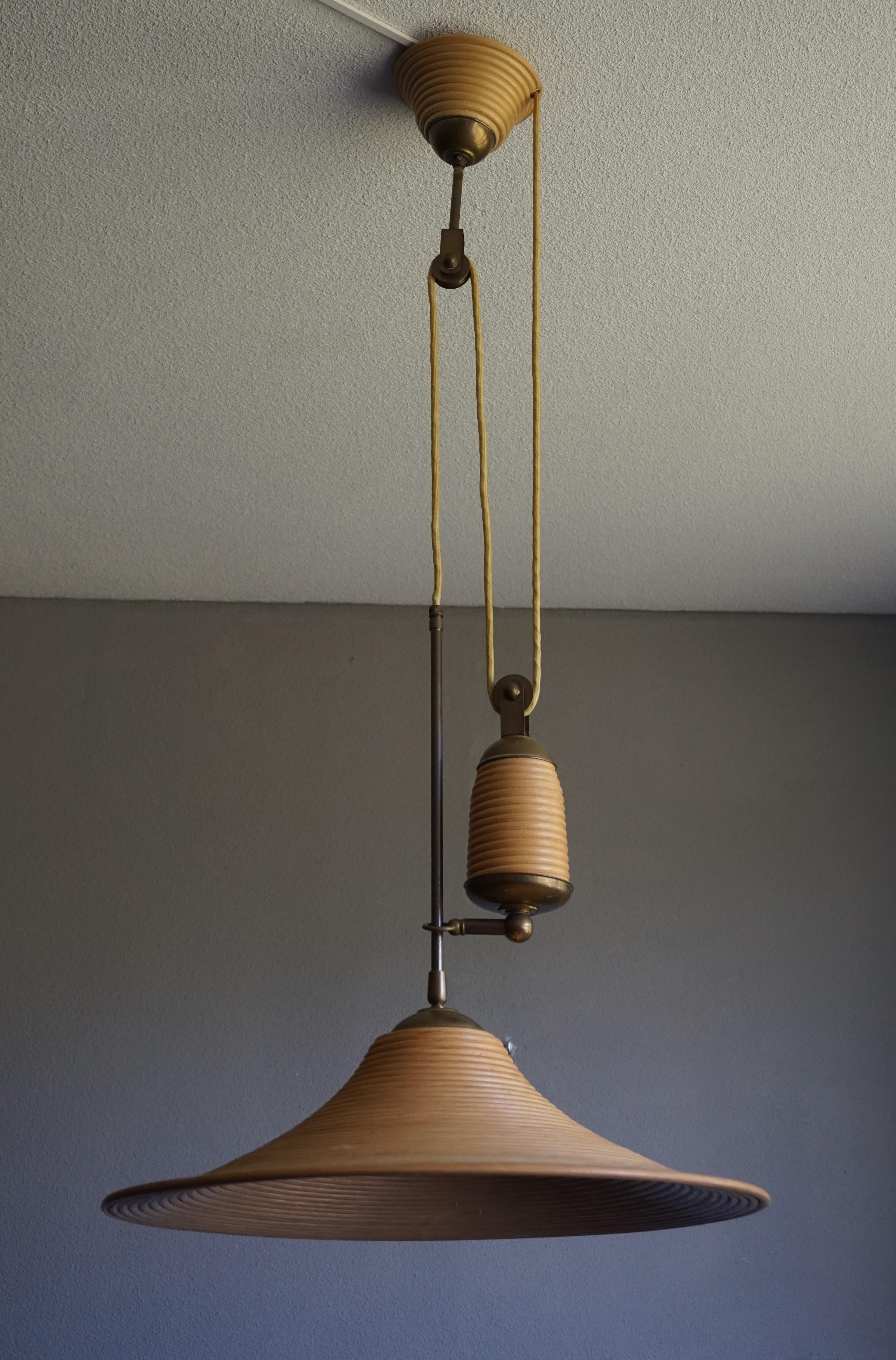 Rare & Handcrafted Midcentury Modern Rattan & Brass Pendant Light / Ceiling Lamp 11