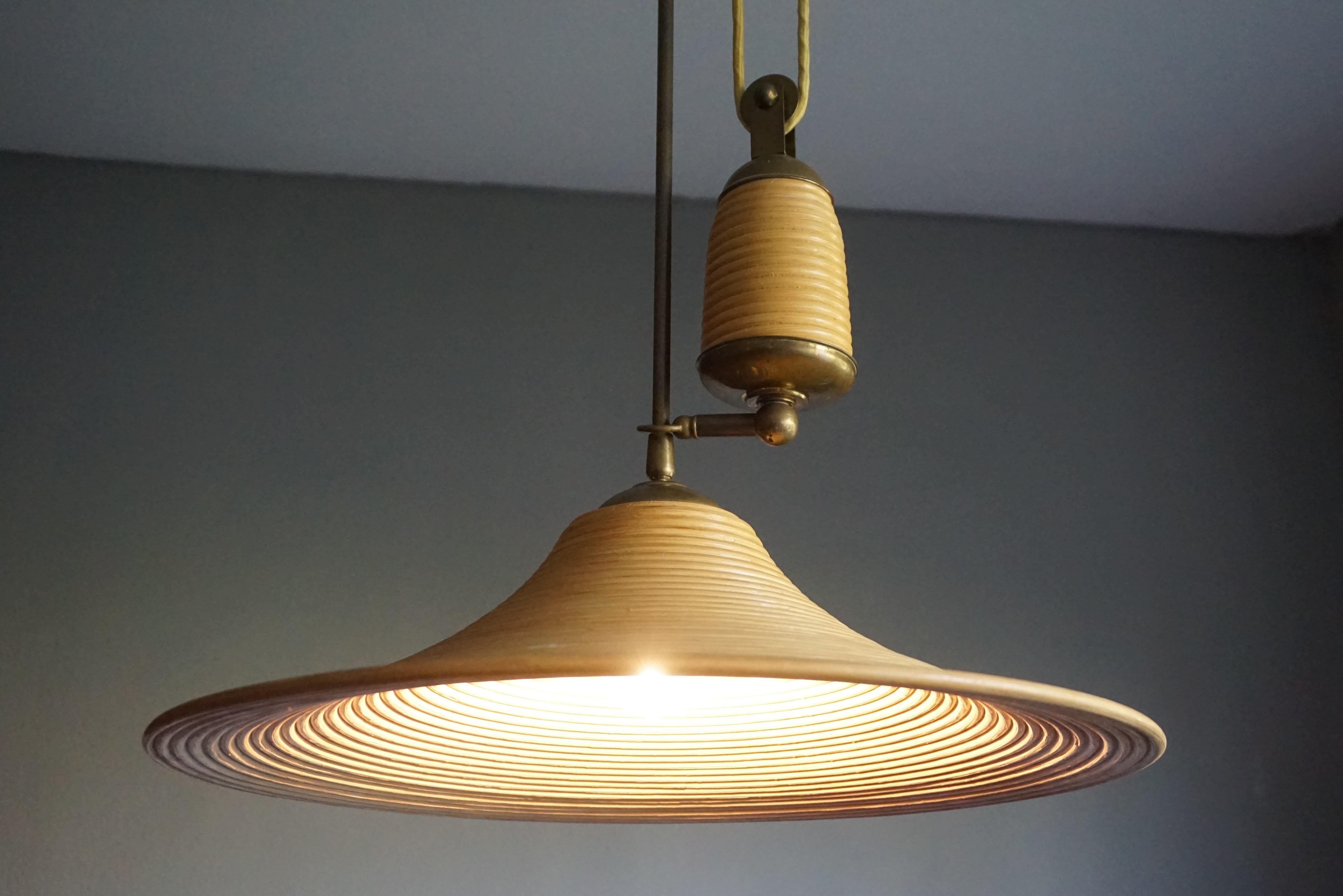 Mid-Century Modern Rare & Handcrafted Midcentury Modern Rattan & Brass Pendant Light / Ceiling Lamp