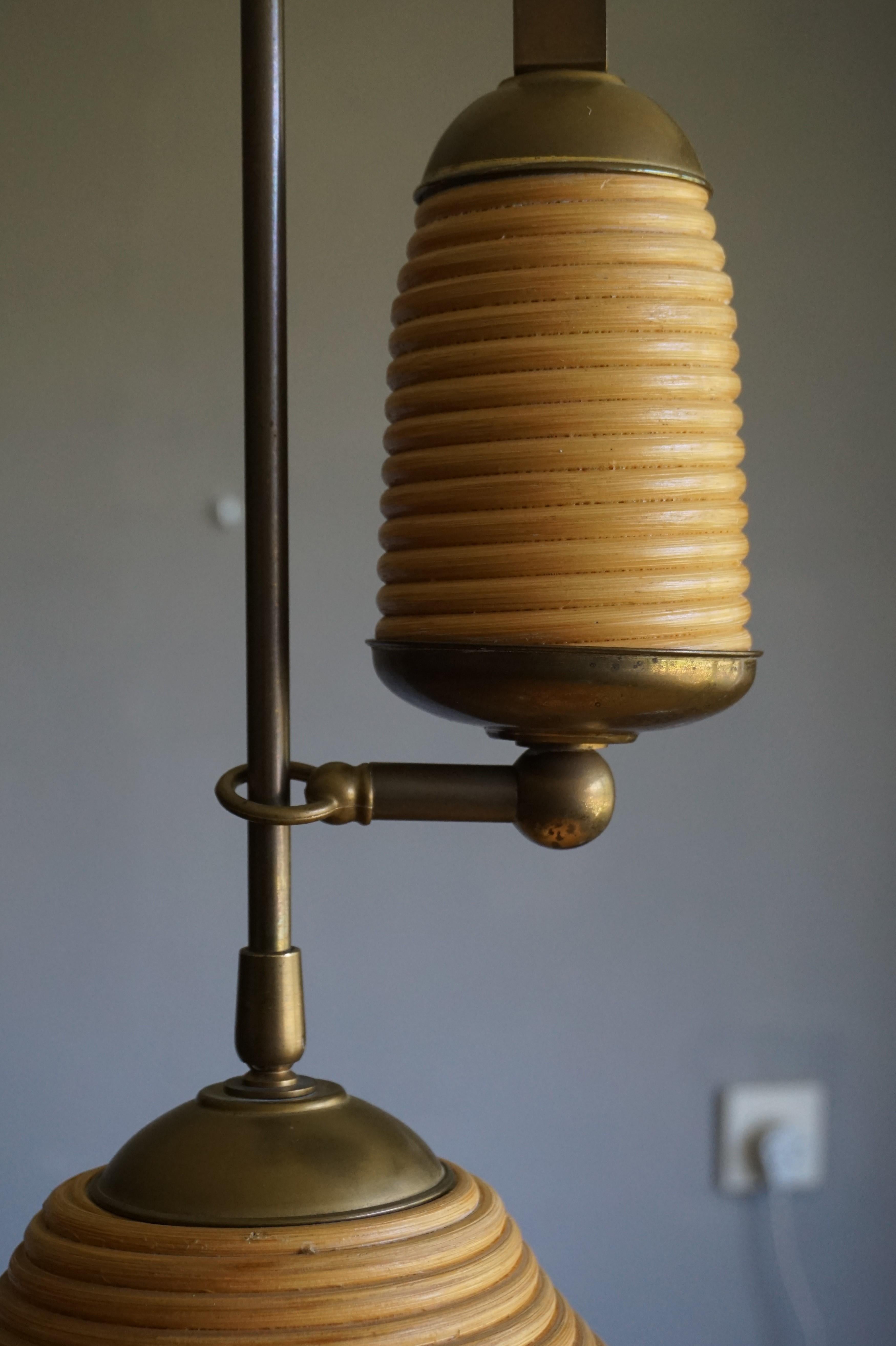 European Rare & Handcrafted Midcentury Modern Rattan & Brass Pendant Light / Ceiling Lamp