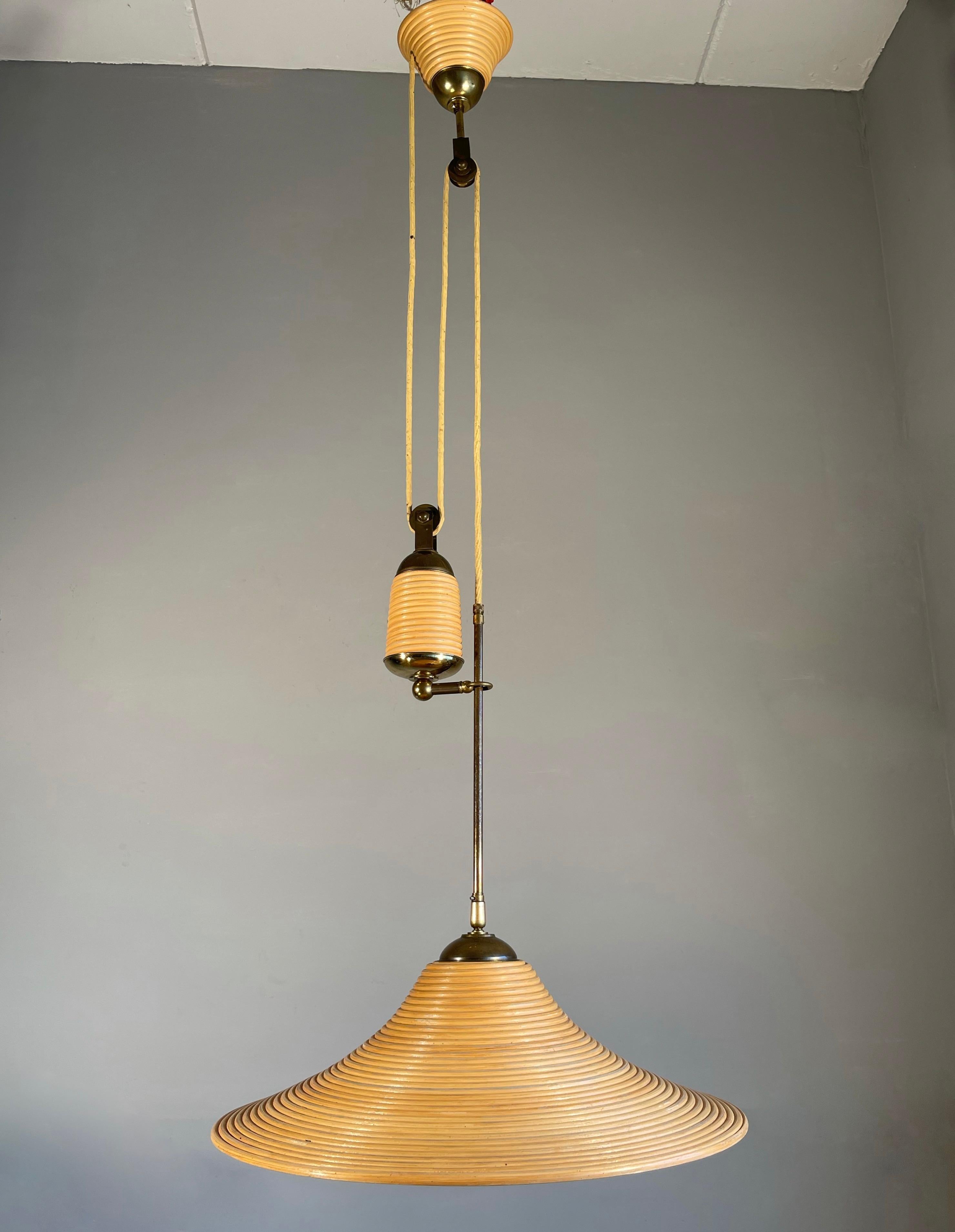 European Rare Handcrafted Mid-Century Modern Rattan & Brass Pendant Light / Ceiling Lamp