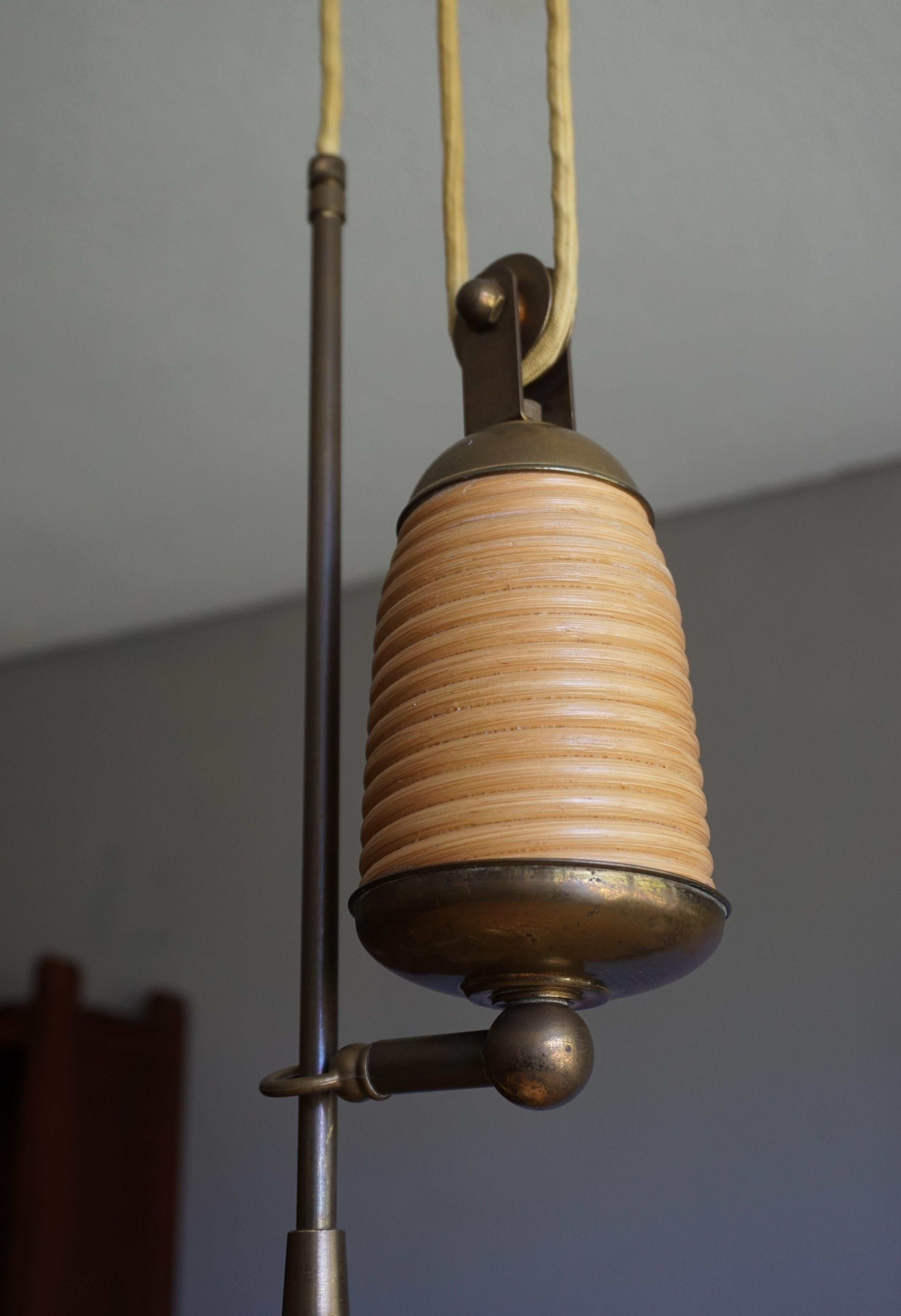 Hand-Crafted Rare & Handcrafted Midcentury Modern Rattan & Brass Pendant Light / Ceiling Lamp