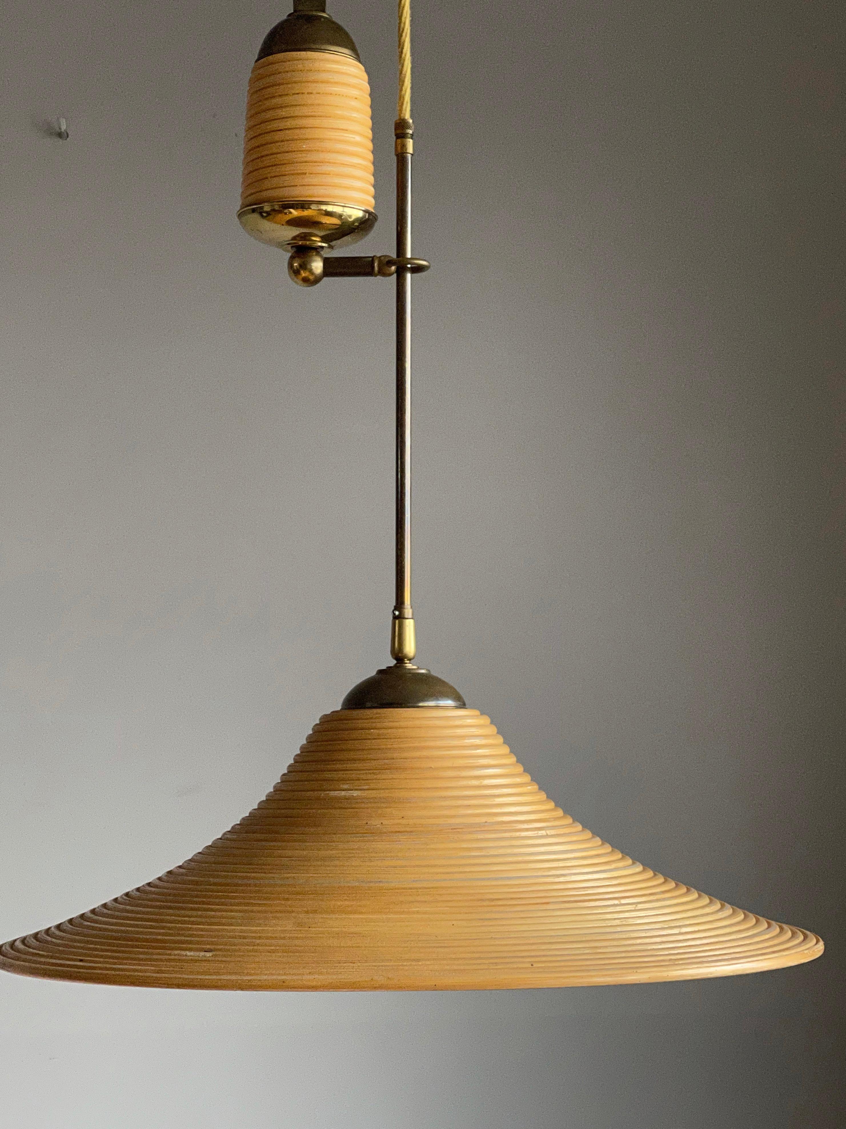 Hand-Crafted Rare Handcrafted Mid-Century Modern Rattan & Brass Pendant Light / Ceiling Lamp