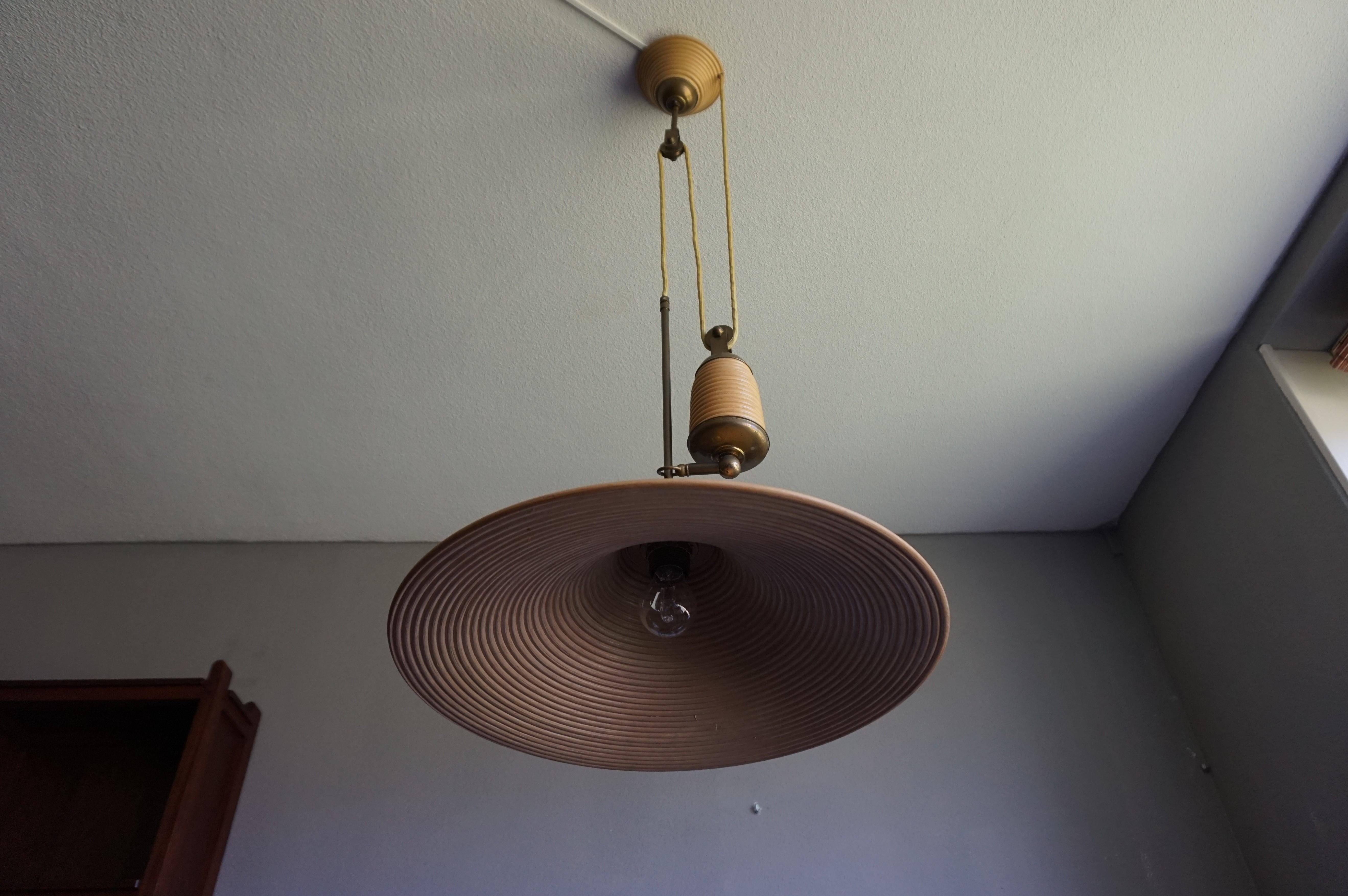 20th Century Rare & Handcrafted Midcentury Modern Rattan & Brass Pendant Light / Ceiling Lamp