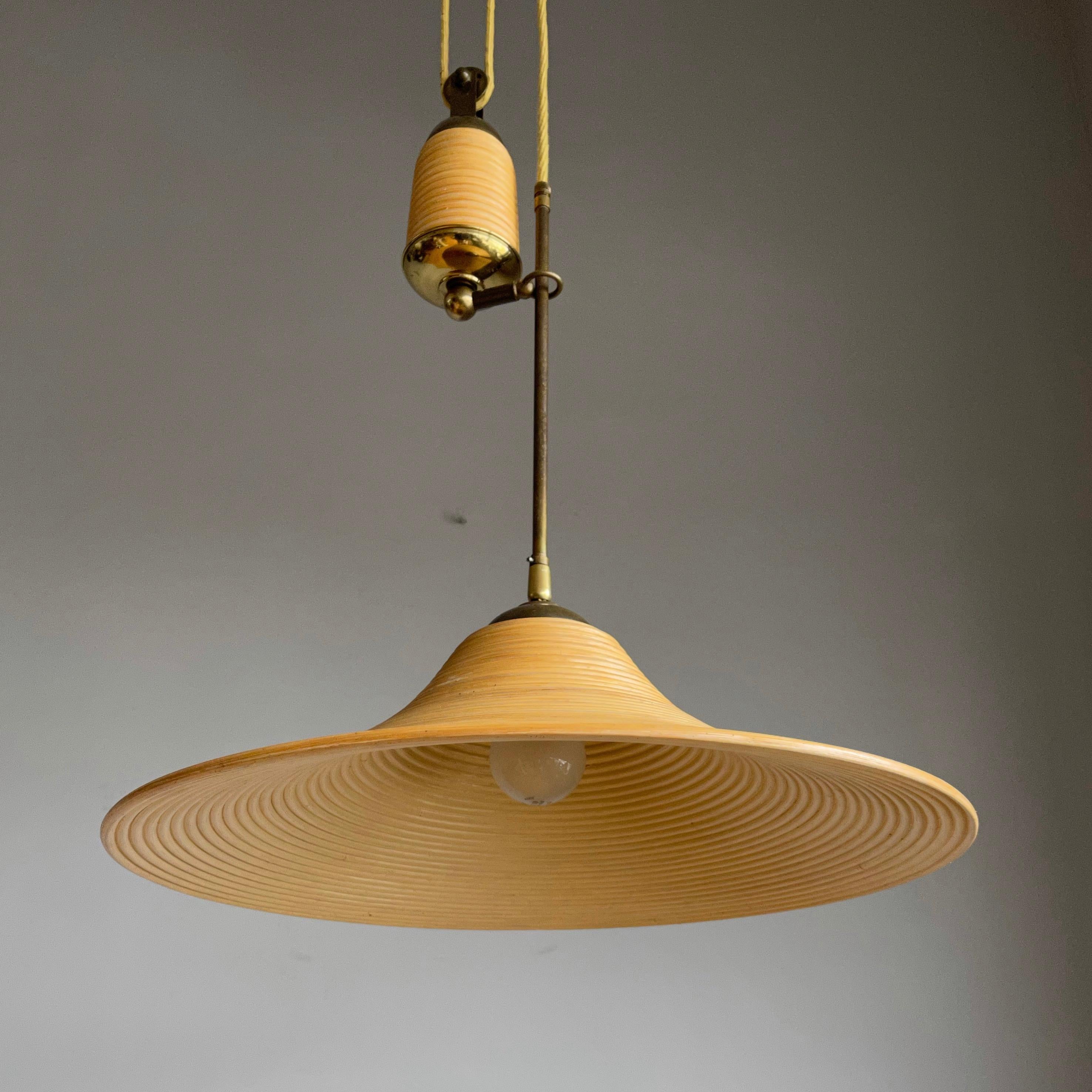 Rare Handcrafted Mid-Century Modern Rattan & Brass Pendant Light / Ceiling Lamp 1