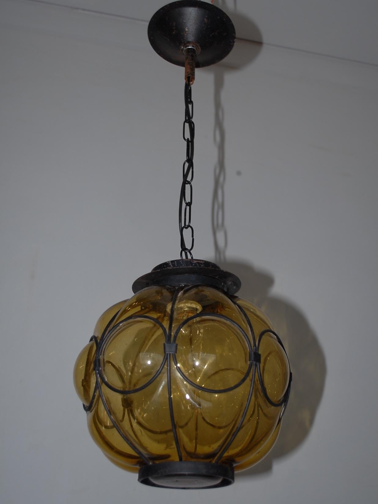 Rare & Handcrafted Midcentury Wrought Iron & Mouthblown Glass Venetian Pendant For Sale 3