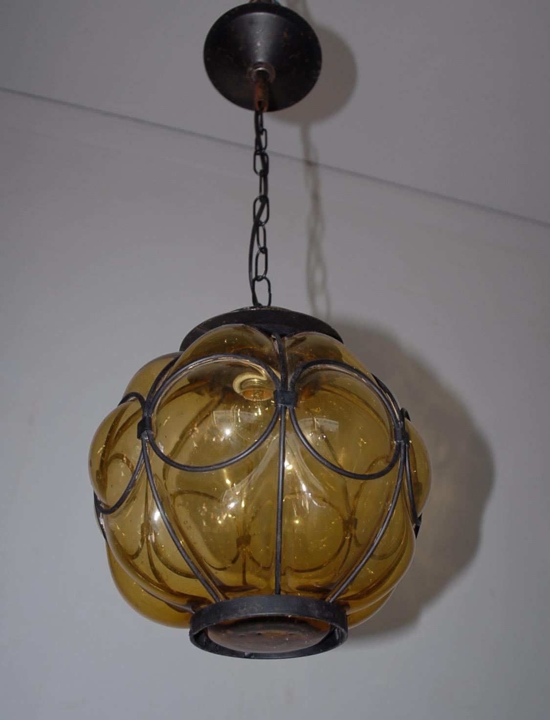 Rare & Handcrafted Midcentury Wrought Iron & Mouthblown Glass Venetian Pendant For Sale 4