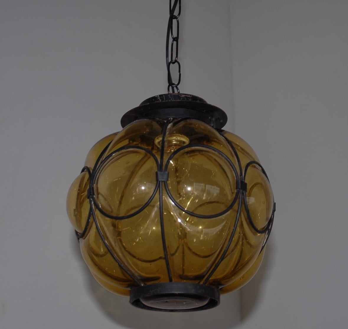 Mid-Century Modern Rare & Handcrafted Midcentury Wrought Iron & Mouthblown Glass Venetian Pendant For Sale