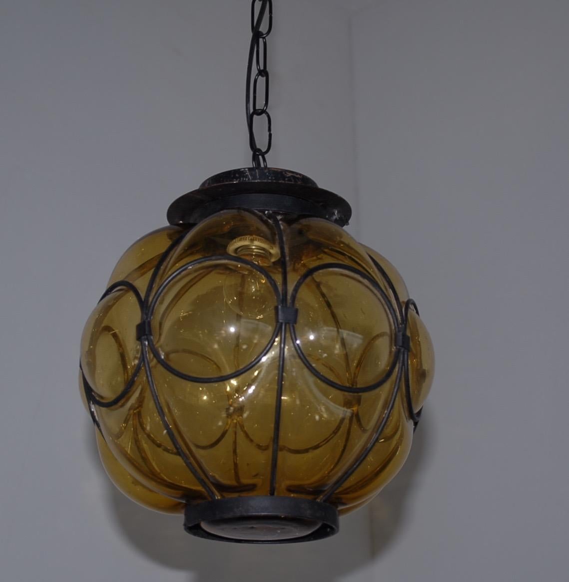 Italian Rare & Handcrafted Midcentury Wrought Iron & Mouthblown Glass Venetian Pendant For Sale