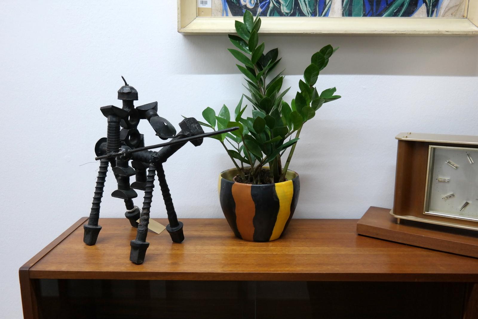This rare piece of work is a 1970s handmade nut and bolt steel sculpture of Don Quijote.