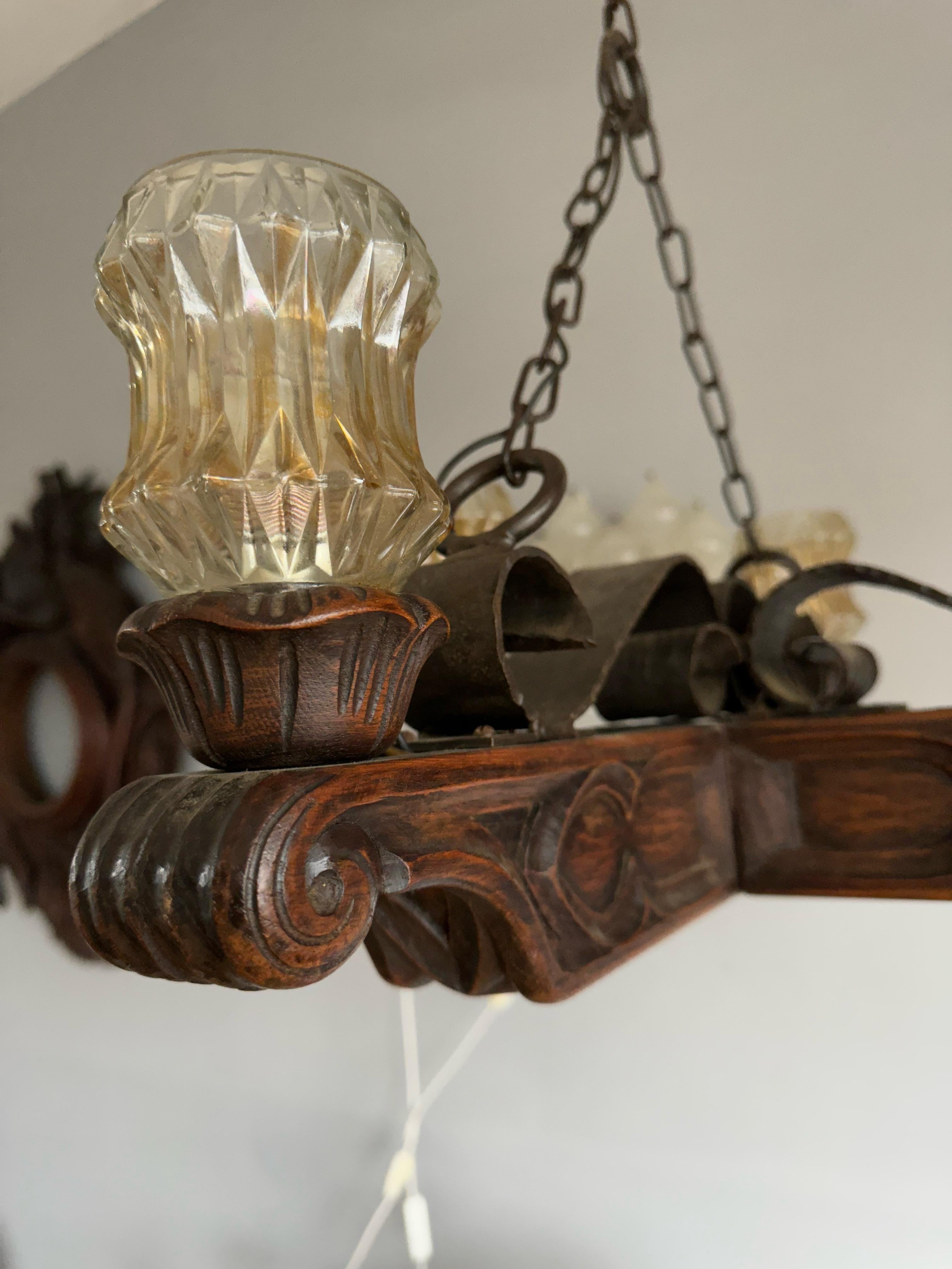 Rare Handcrafted Oak and Iron Gothic Revival Church Pendant Light / Chandelier For Sale 3