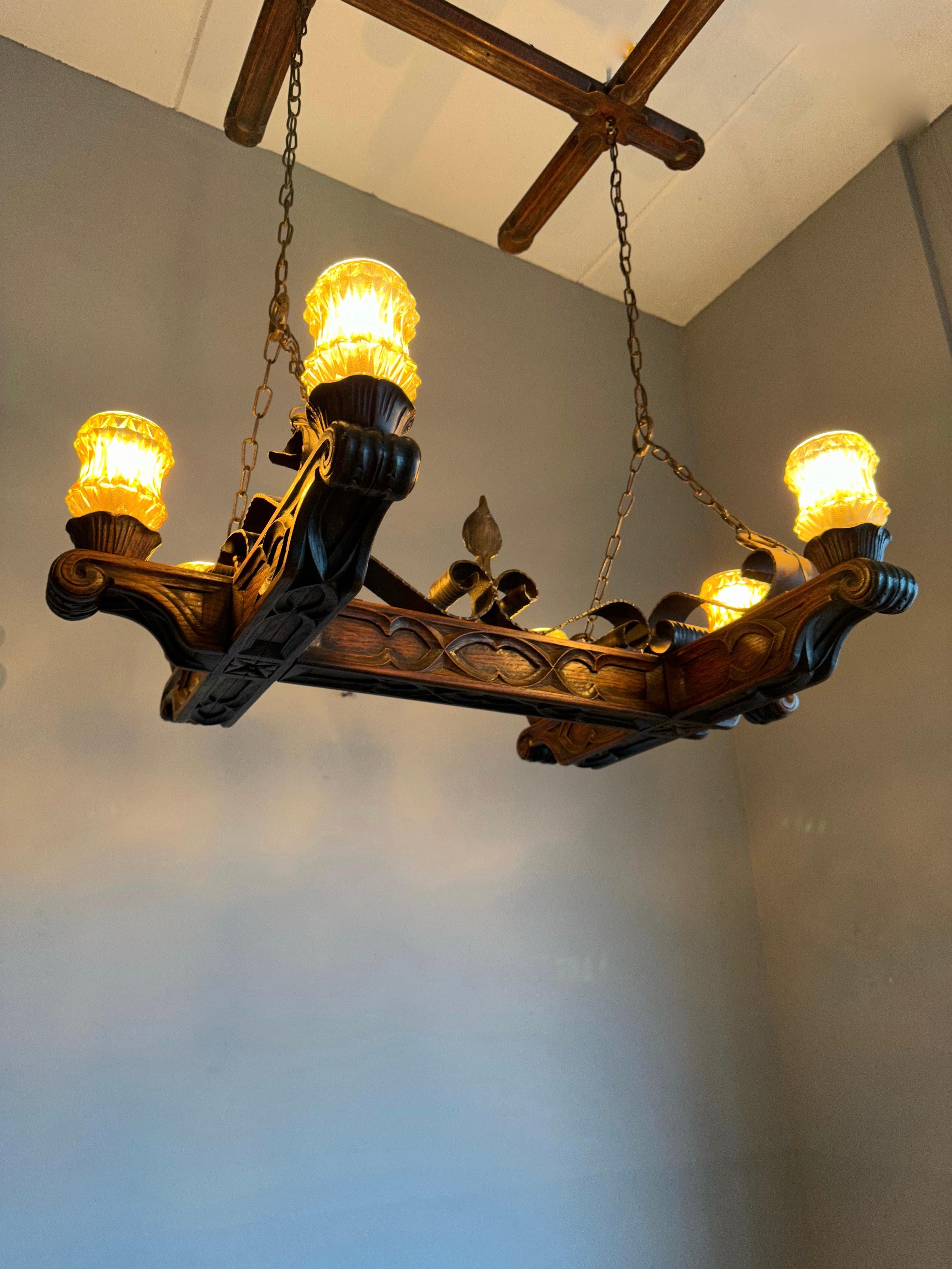 Rare Handcrafted Oak and Iron Gothic Revival Church Pendant Light / Chandelier For Sale 3