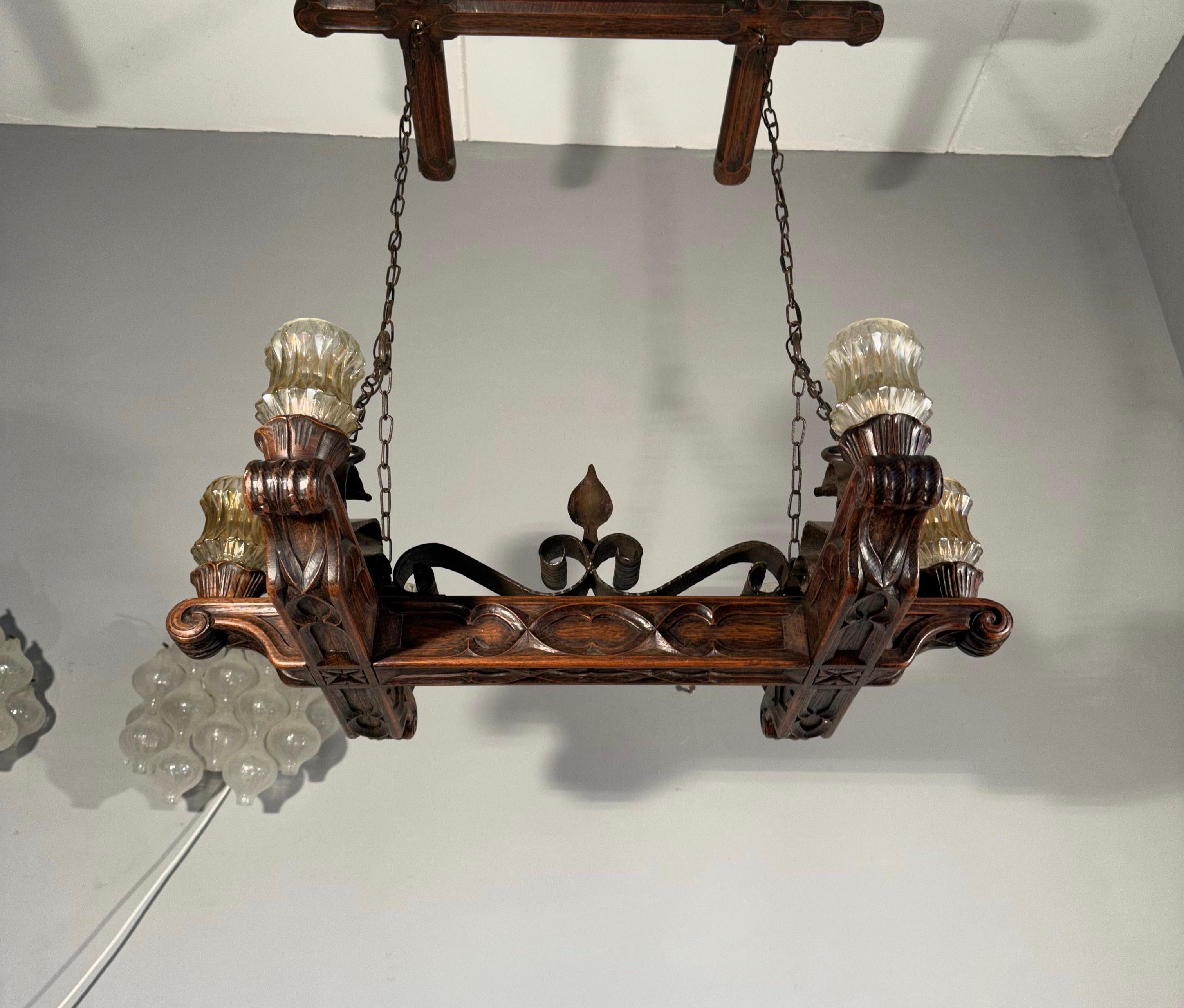 Rare Handcrafted Oak and Iron Gothic Revival Church Pendant Light / Chandelier For Sale 6