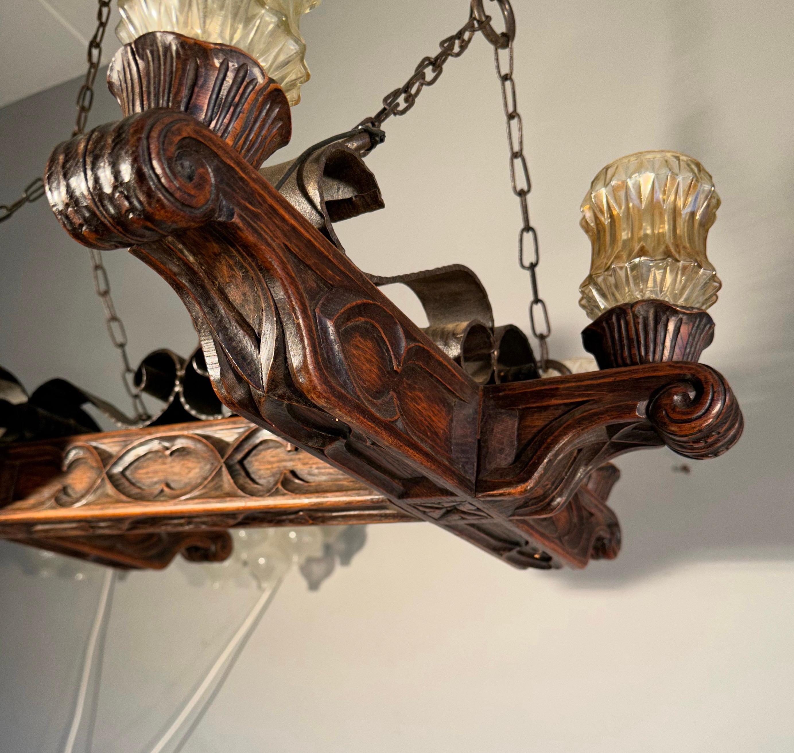 Rare Handcrafted Oak and Iron Gothic Revival Church Pendant Light / Chandelier For Sale 7