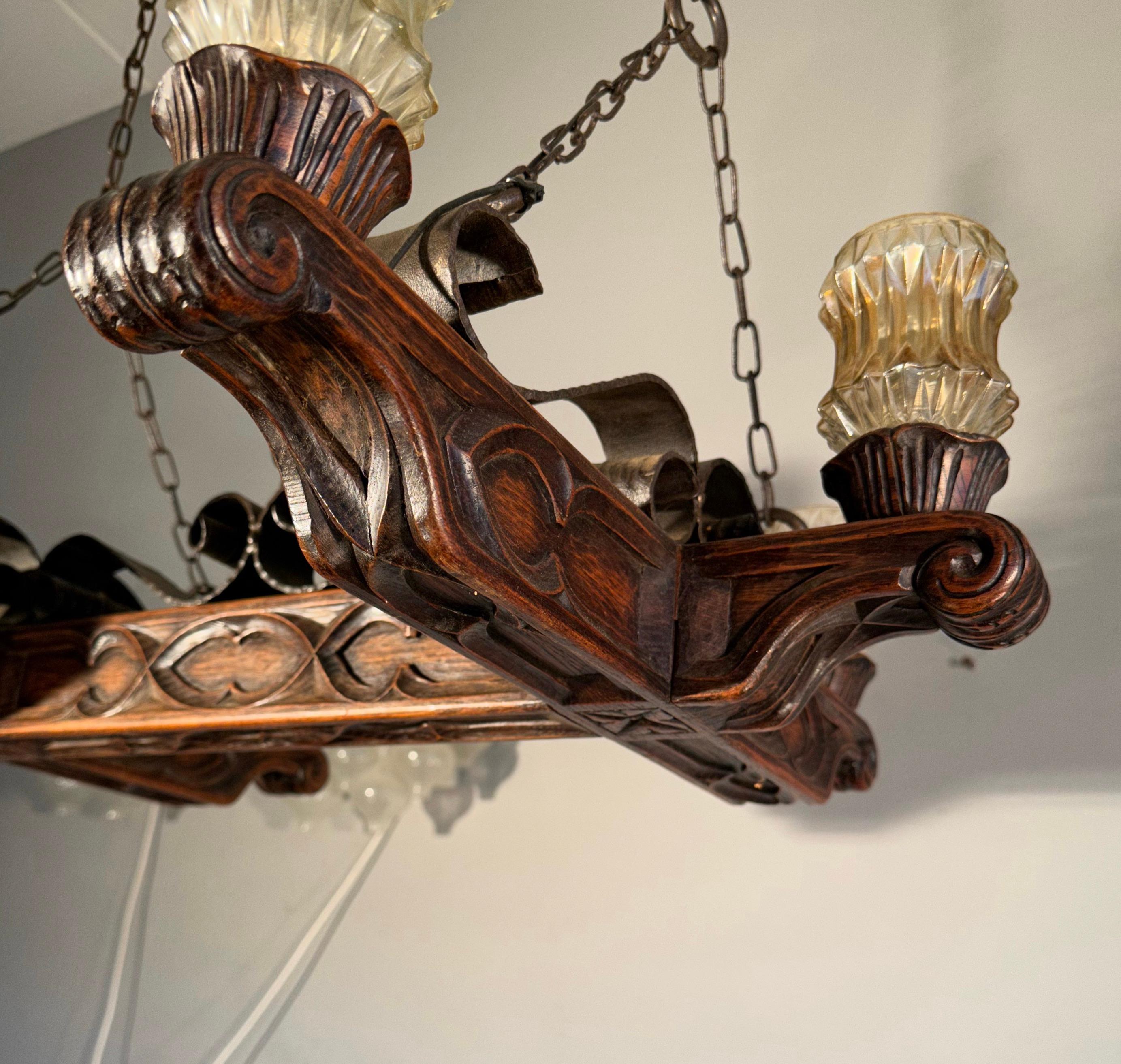 Rare Handcrafted Oak and Iron Gothic Revival Church Pendant Light / Chandelier For Sale 8