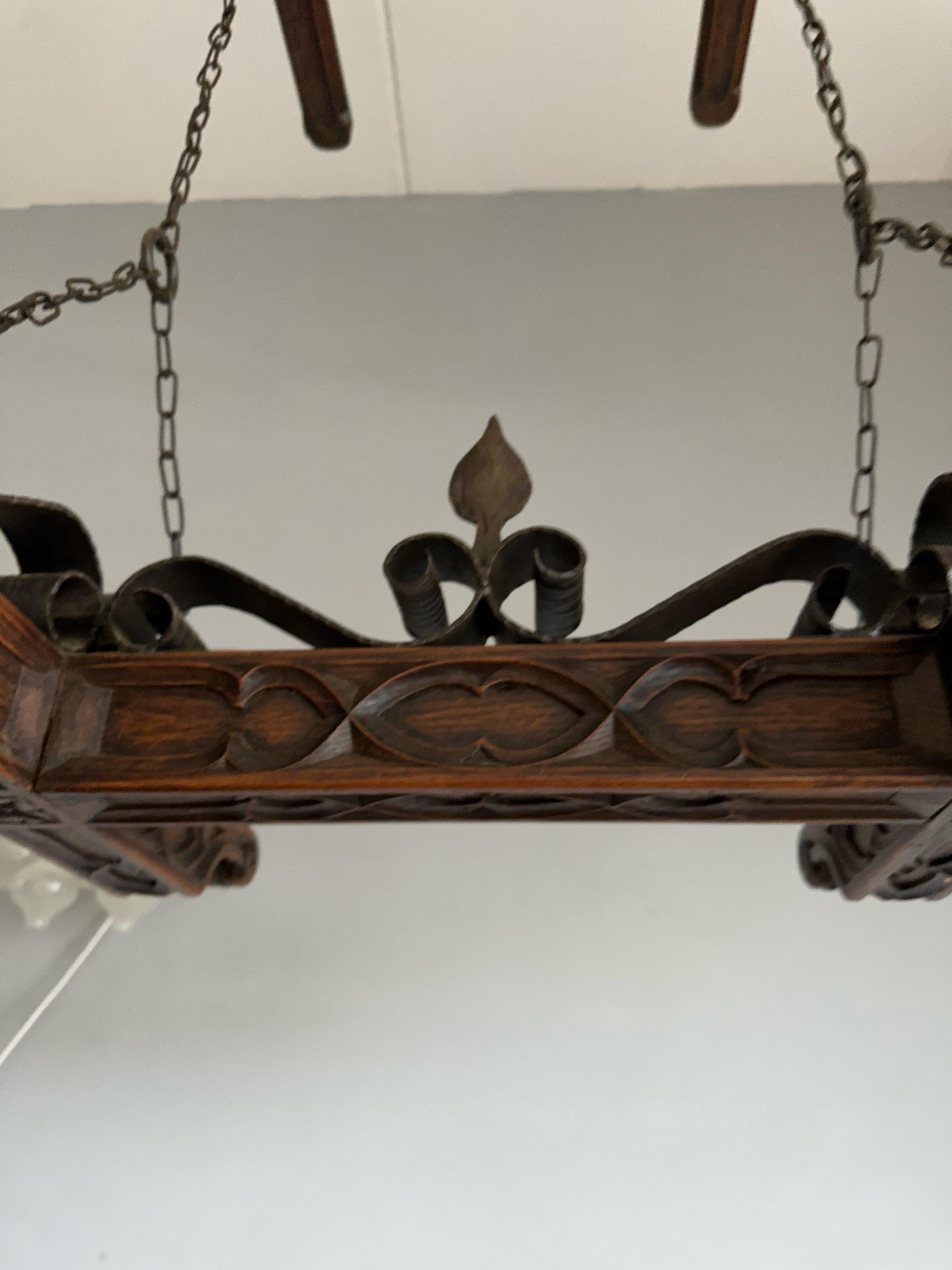 Rare Handcrafted Oak and Iron Gothic Revival Church Pendant Light / Chandelier For Sale 8