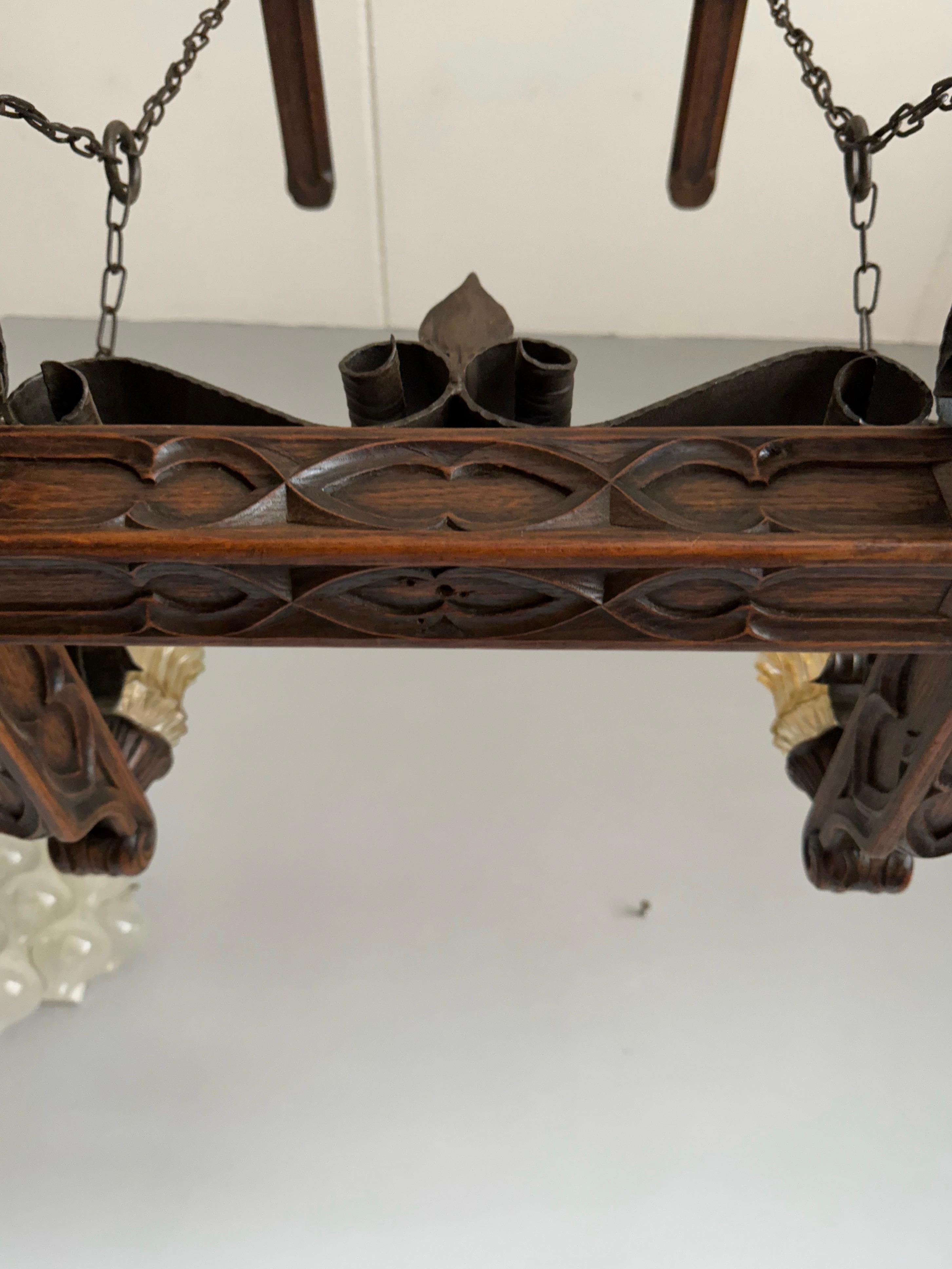 Rare Handcrafted Oak and Iron Gothic Revival Church Pendant Light / Chandelier For Sale 9