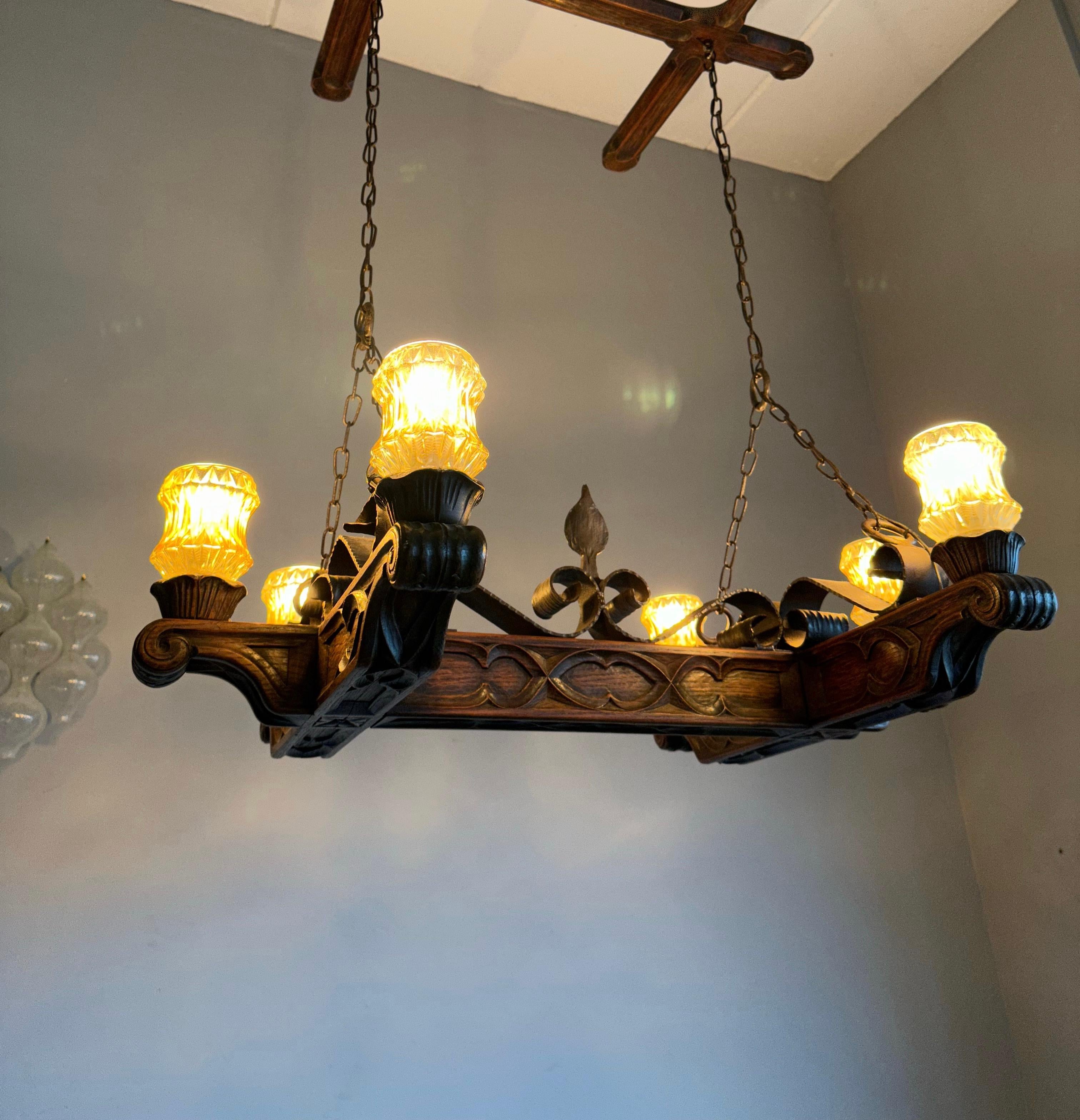 Rare Handcrafted Oak and Iron Gothic Revival Church Pendant Light / Chandelier For Sale 11