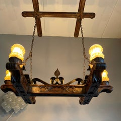 Rare Handcrafted Oak and Iron Gothic Revival Church Pendant Light / Chandelier