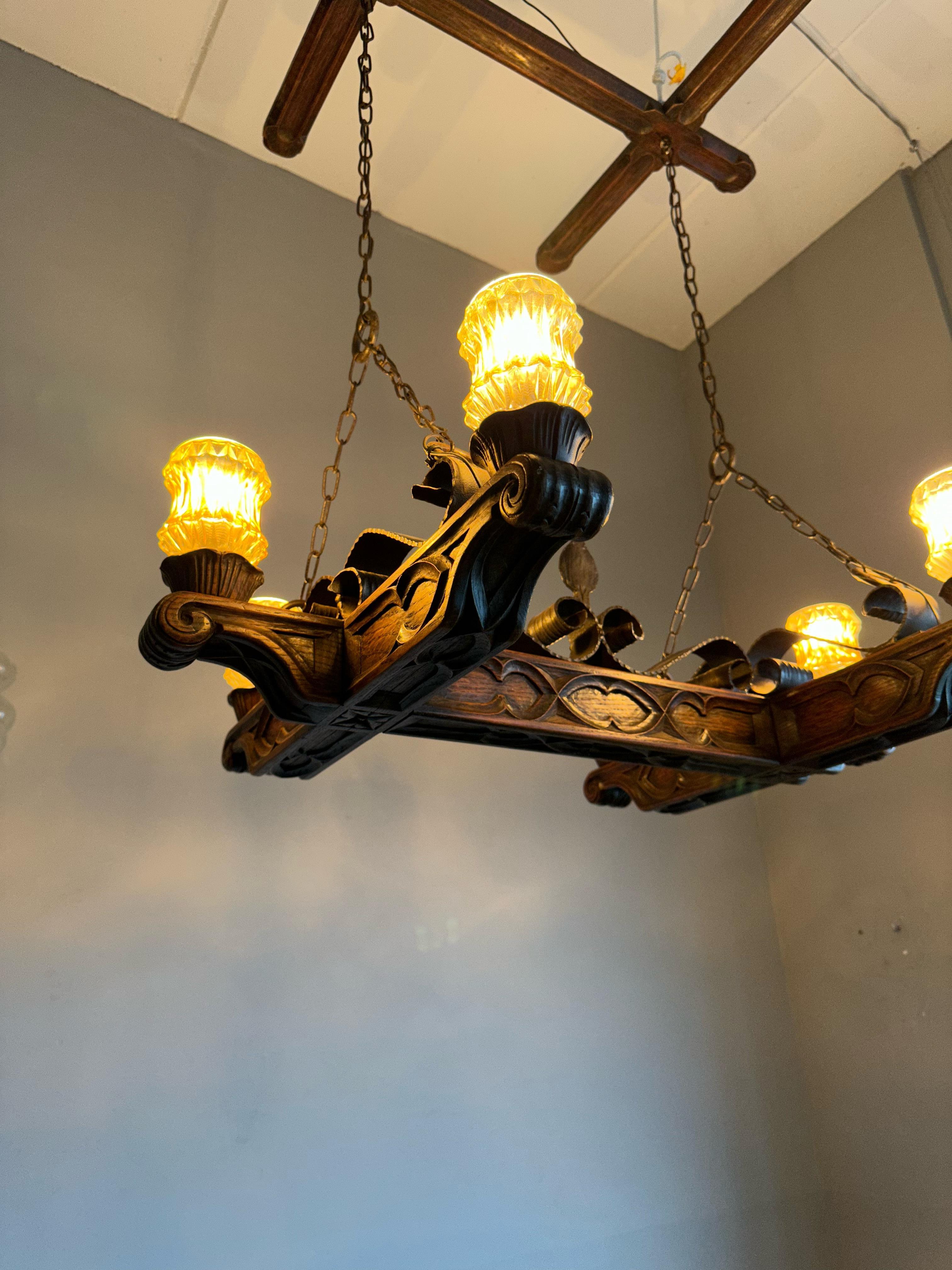Rare Handcrafted Oak and Iron Gothic Revival Church Pendant Light / Chandelier For Sale 13