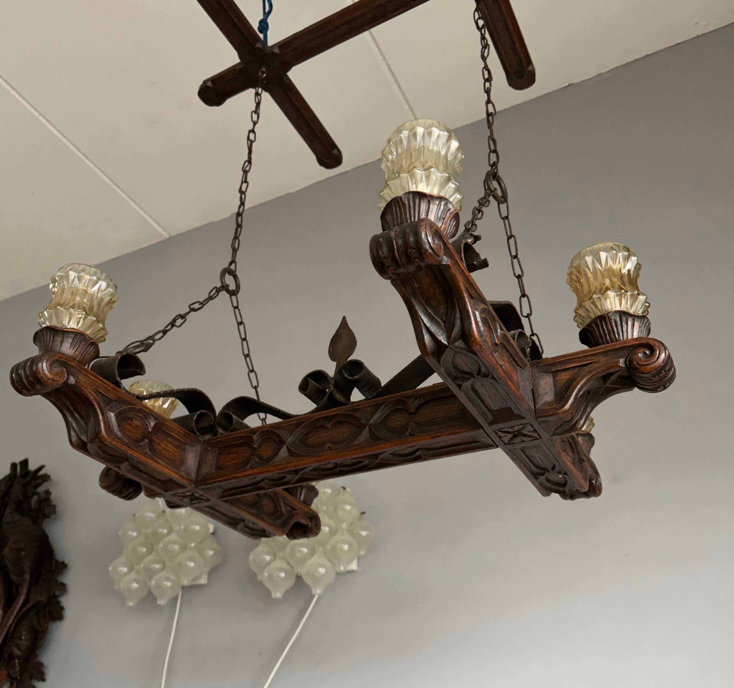 Rare Handcrafted Oak and Iron Gothic Revival Church Pendant Light / Chandelier In Good Condition For Sale In Lisse, NL
