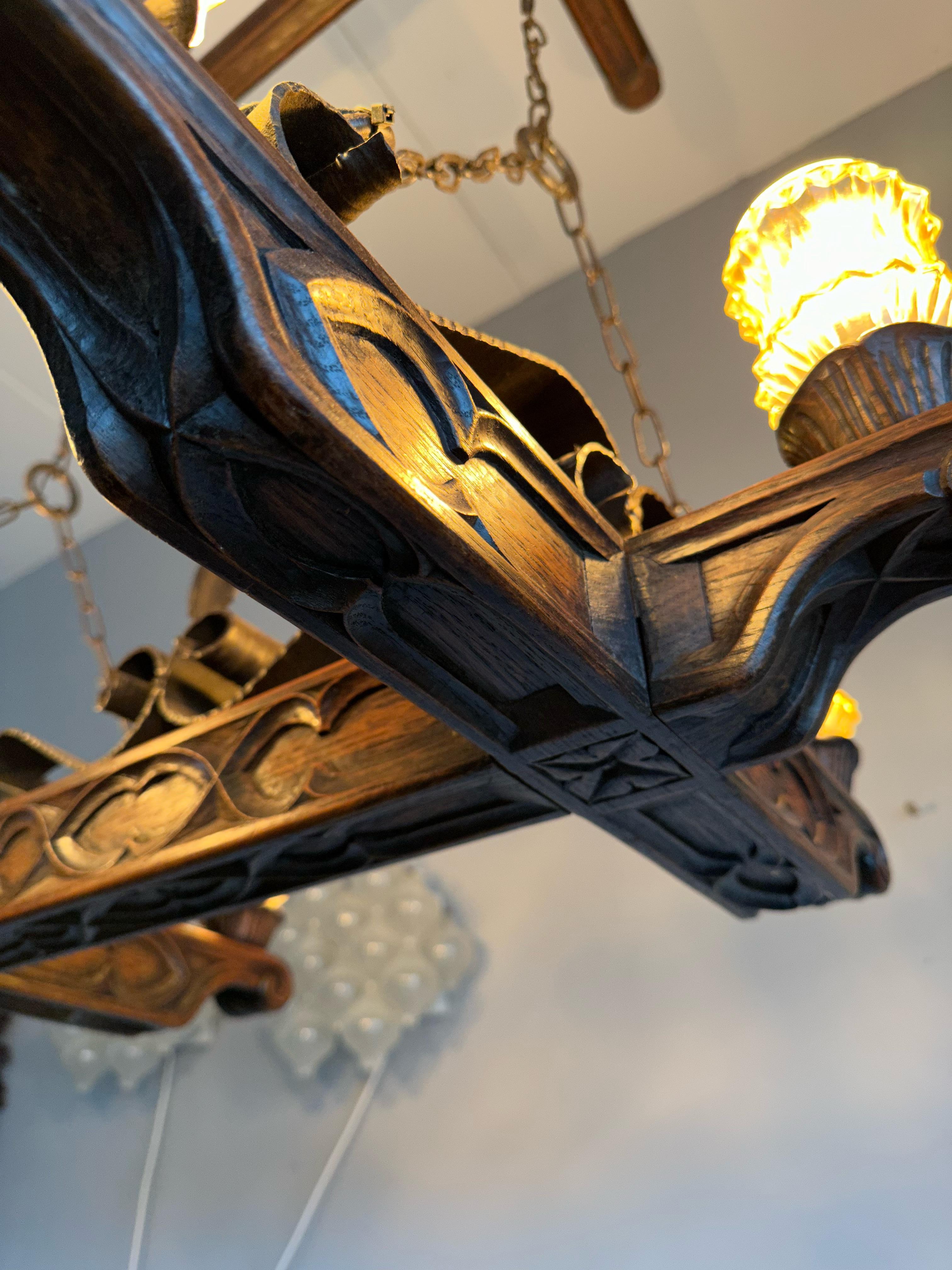 20th Century Rare Handcrafted Oak and Iron Gothic Revival Church Pendant Light / Chandelier For Sale