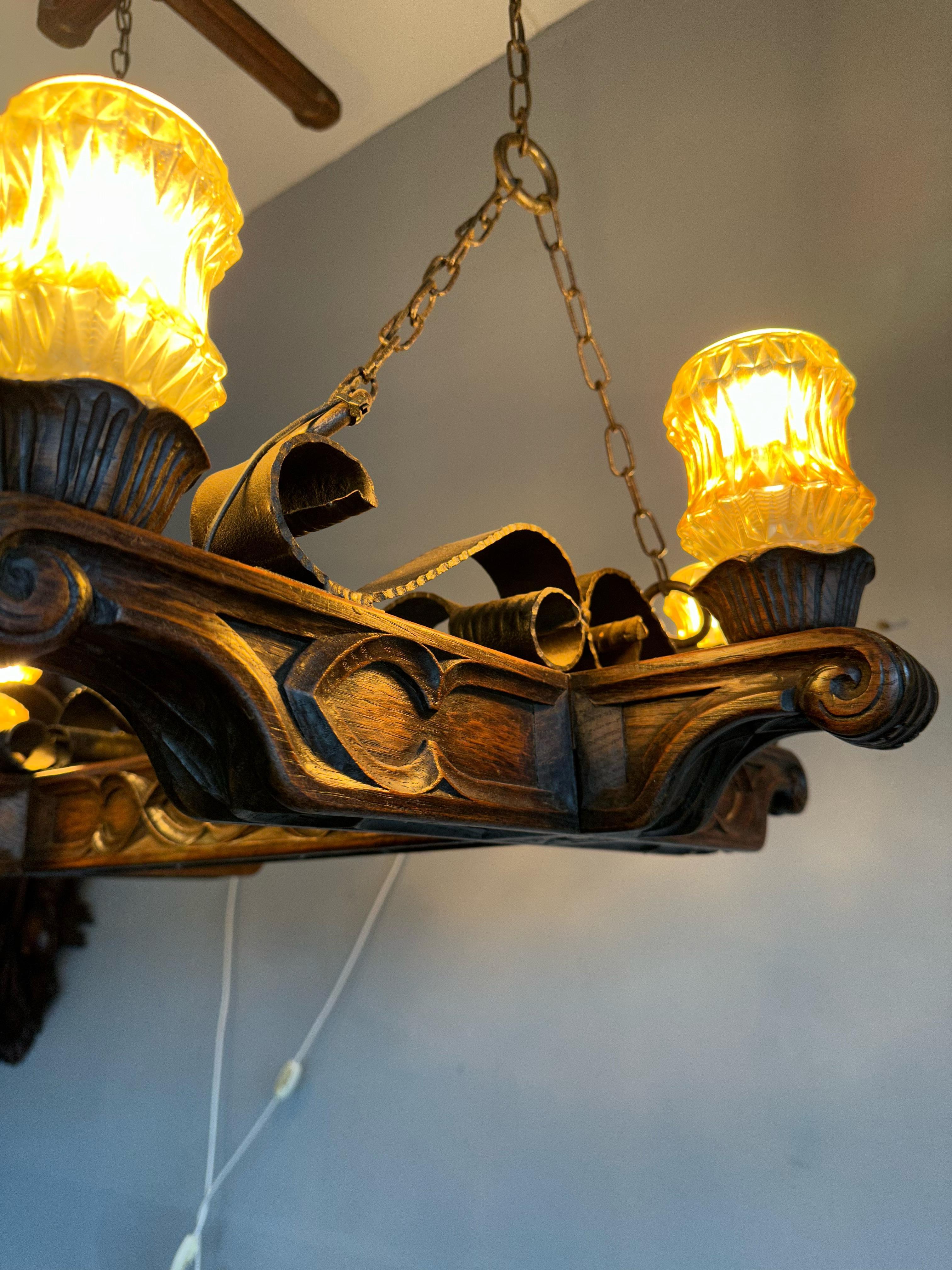 Rare Handcrafted Oak and Iron Gothic Revival Church Pendant Light / Chandelier For Sale 2