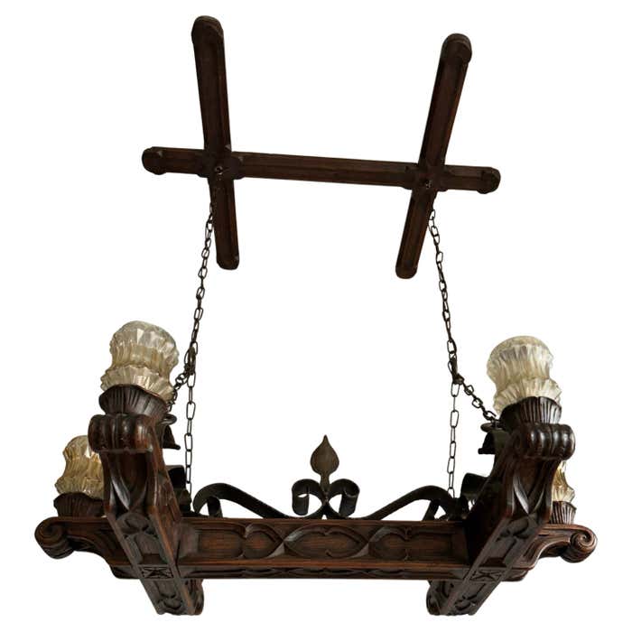Rare Handcrafted Oak and Iron Gothic Revival Church Pendant Light ...