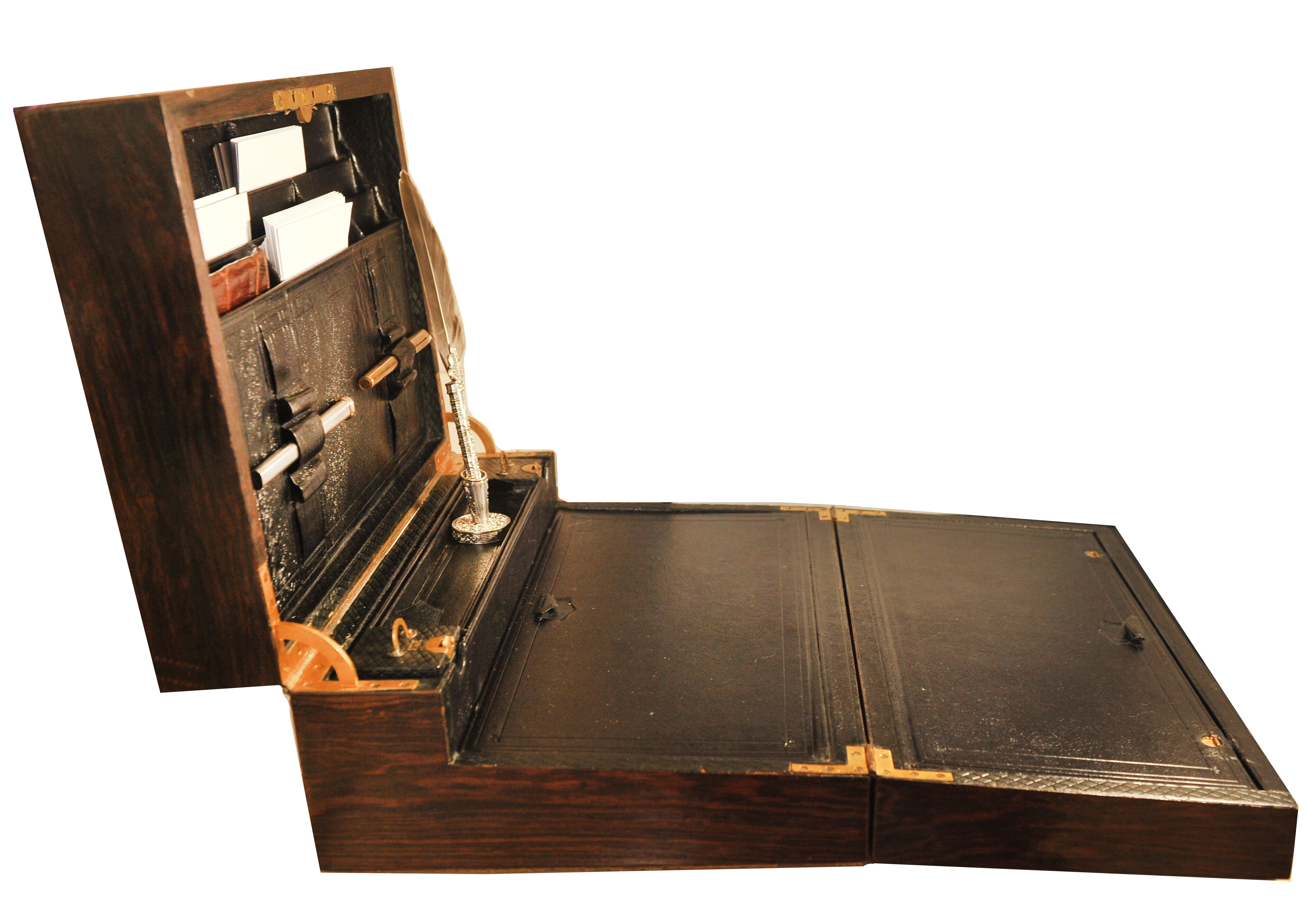 Hand-Crafted Antique English Victorian Bramah Leather Fold-out Stationary Writing Desk For Sale