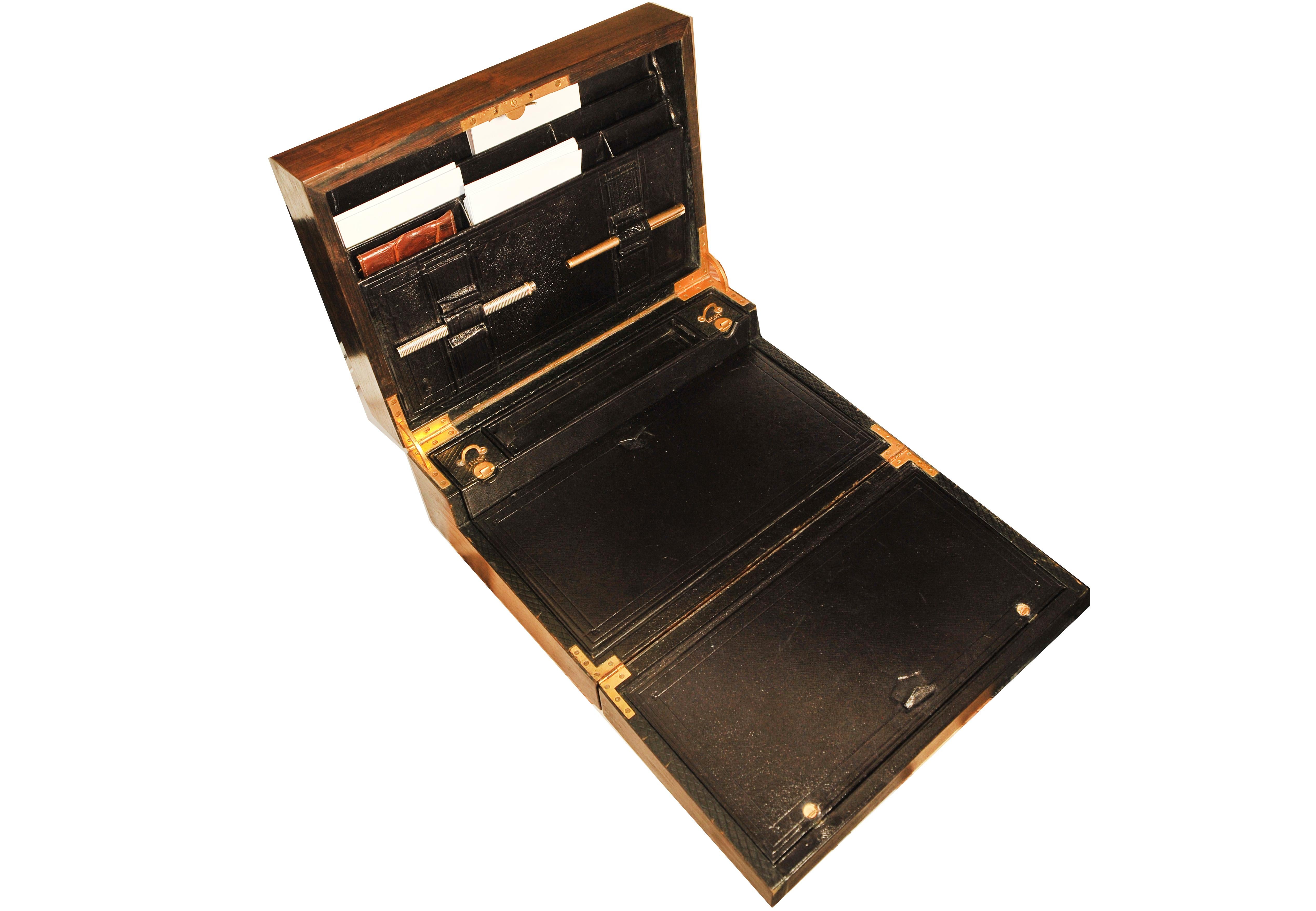 Brass Antique English Victorian Bramah Leather Fold-out Stationary Writing Desk For Sale