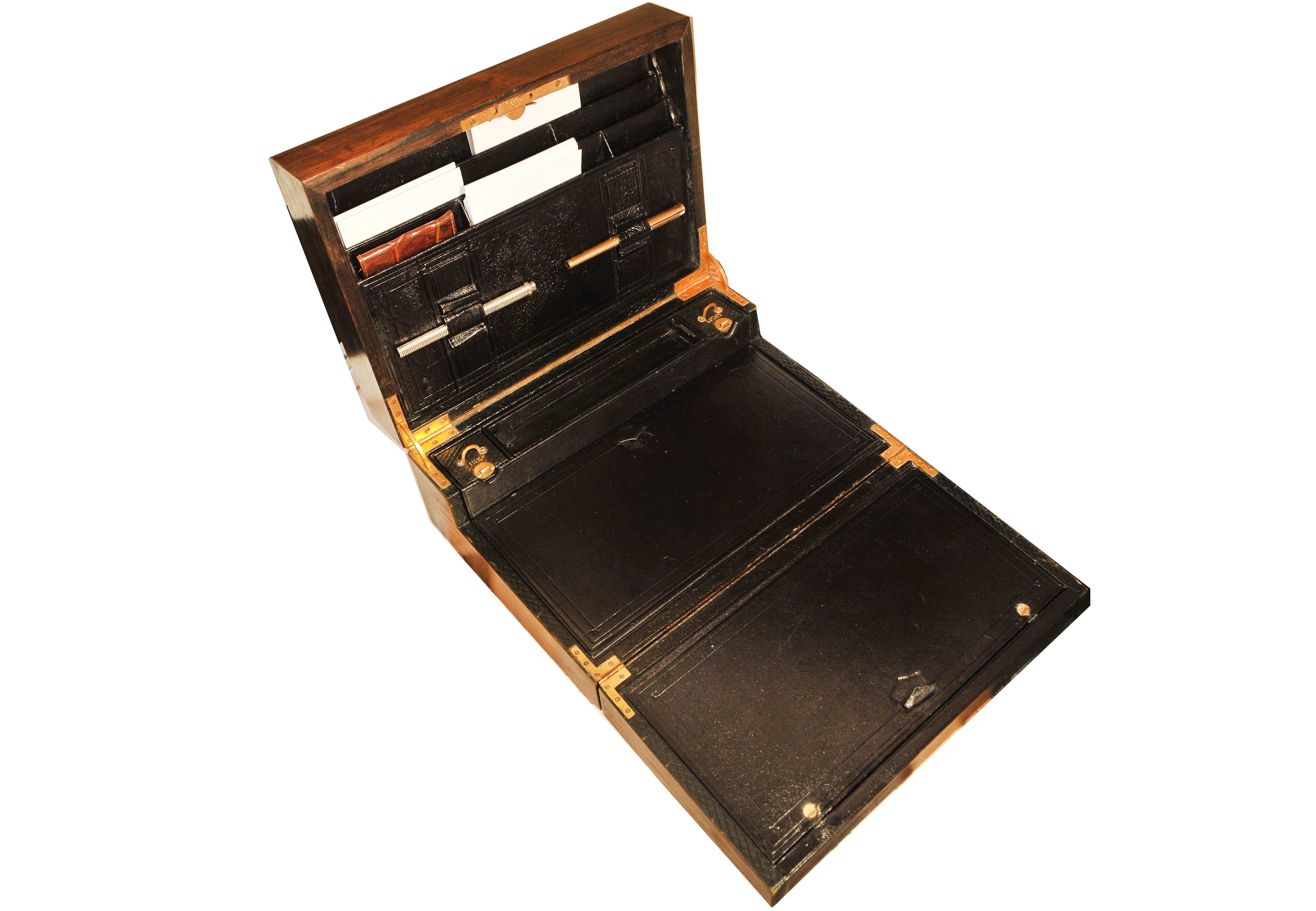 Brass Rare Handcrafted Regency Rosewood Leather Fold-out Stationary Writing Slope For Sale