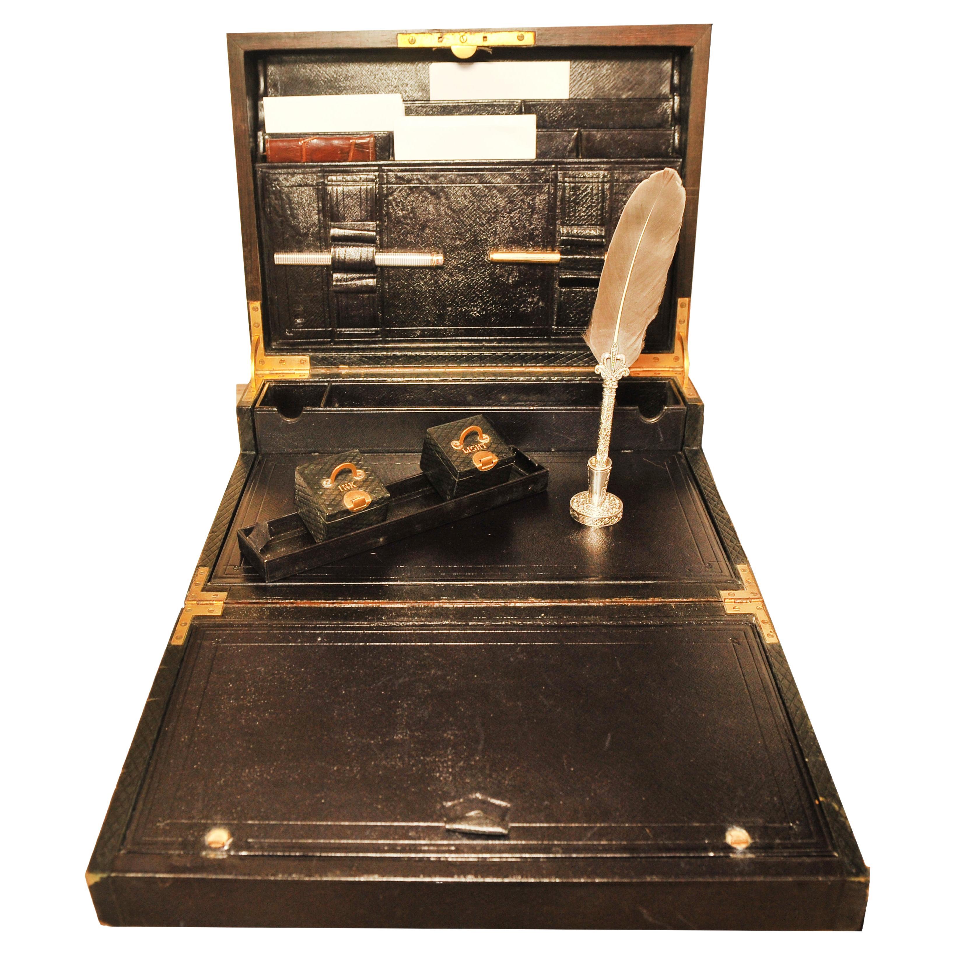 Antique English Victorian Bramah Leather Fold-out Stationary Writing Desk