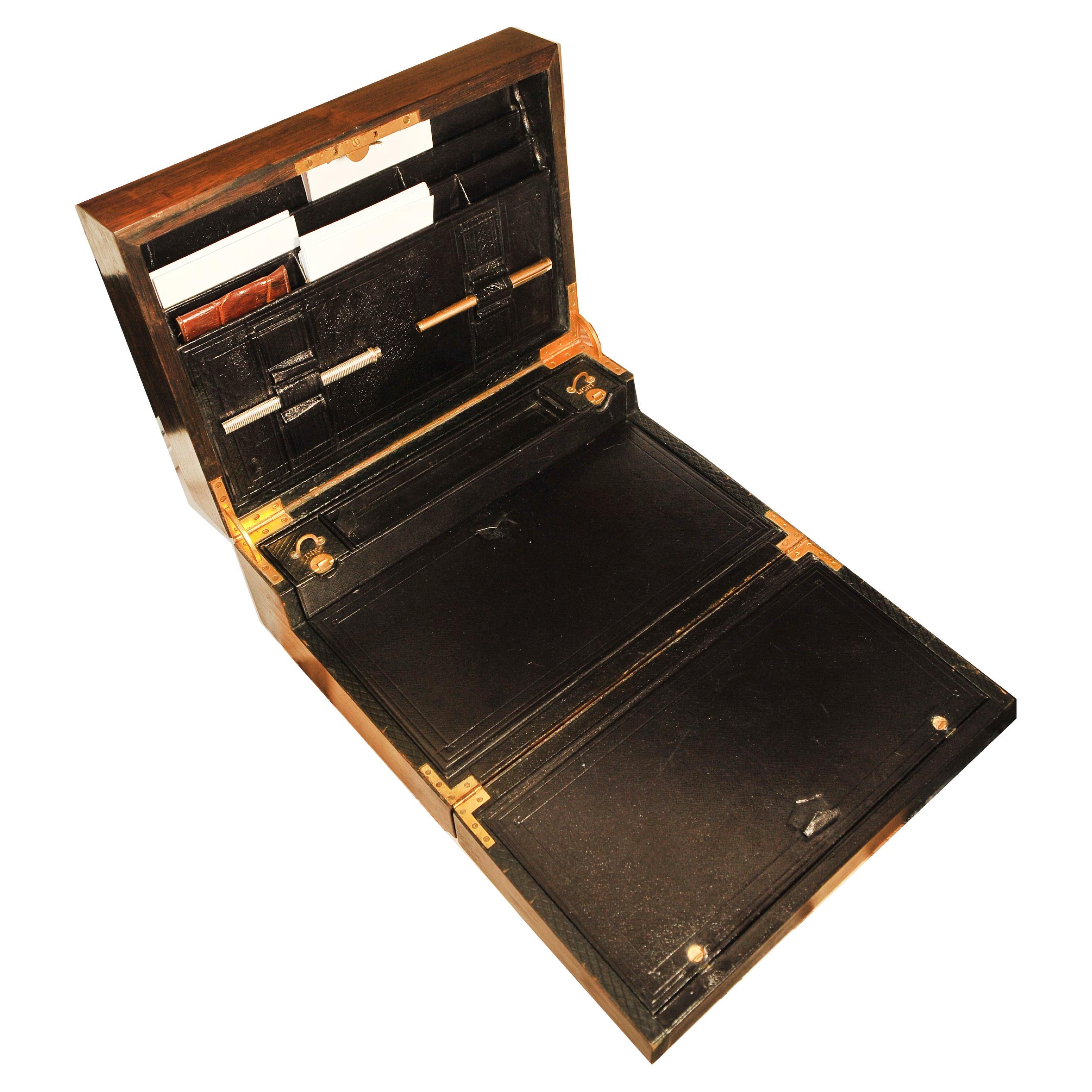 Antique Victorian English Bramah Leather Fold-out Correspondence Writing Desk