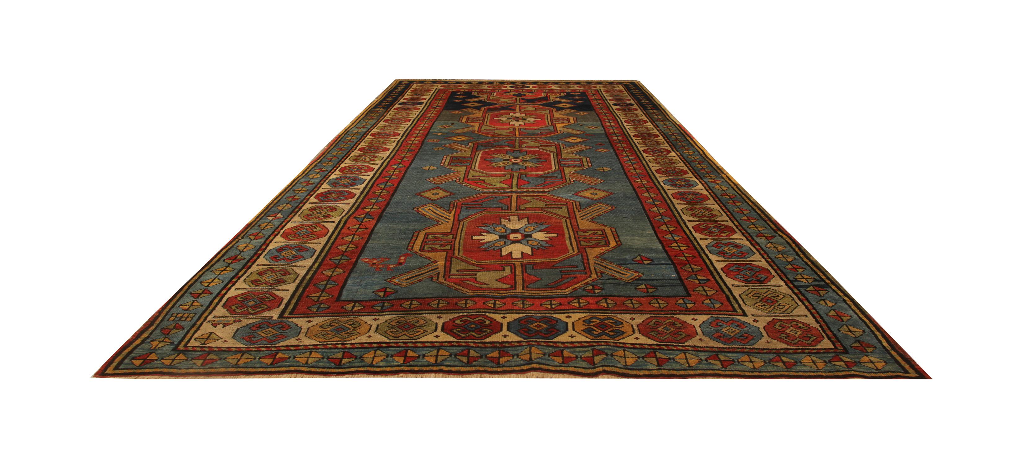 An excellent example of traditional Caucasian carpet rug weaving from the Kazak region. These Medallion ground design patterned rugs can be the best element of home decor objects to give warmth to the environment because this woven rug has a great