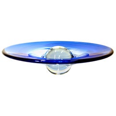 Rare Handmade Blue Crystal Bowl with a Crystal Sphere Stand, 1960s