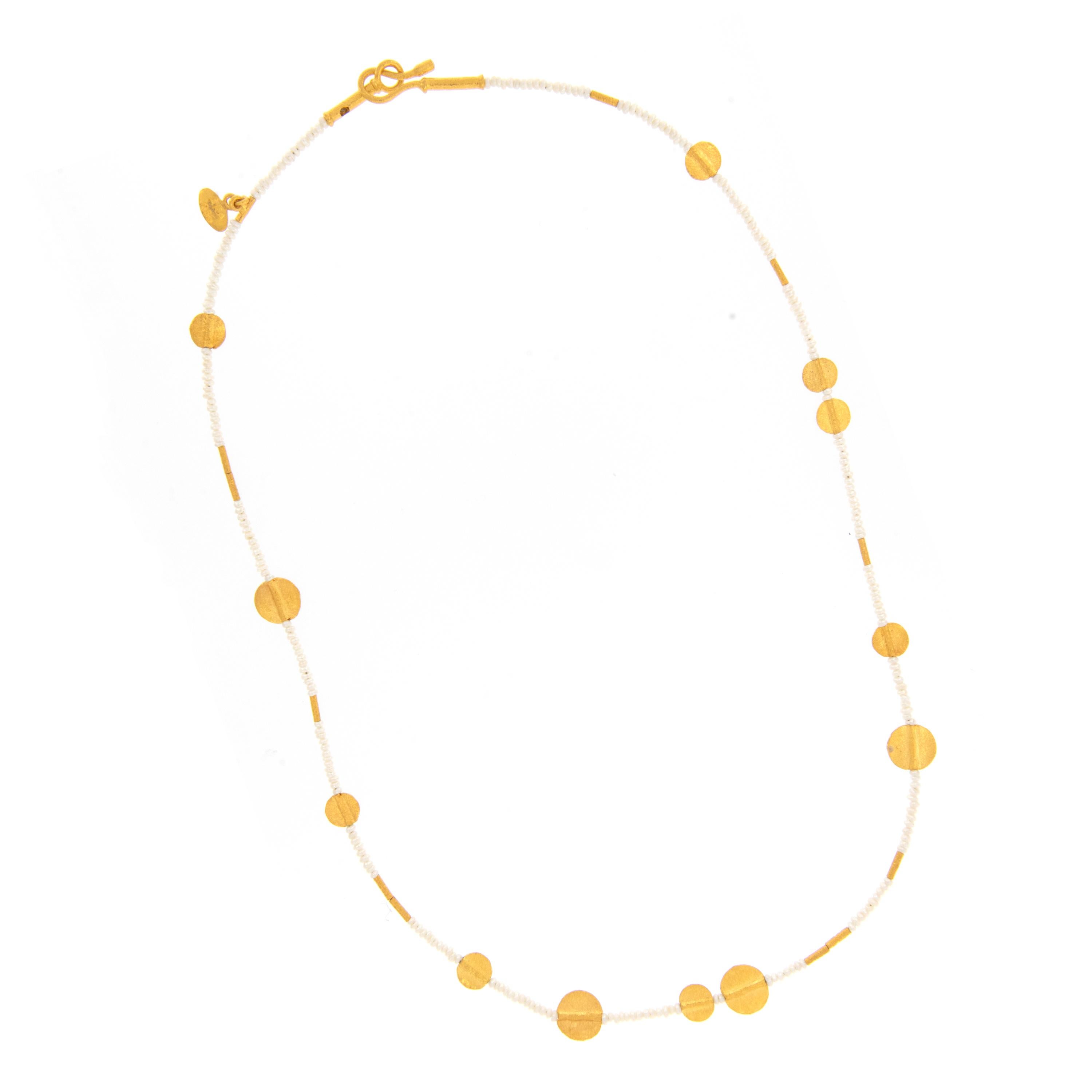 A perfect combination - pure 24 karat yellow gold & pearls! Pearls had long been known to symbolize luxury, grace and purity. Made famous during the Victorian period, seed pearls have been made into jewelry by famous designers like ; Fabergé,